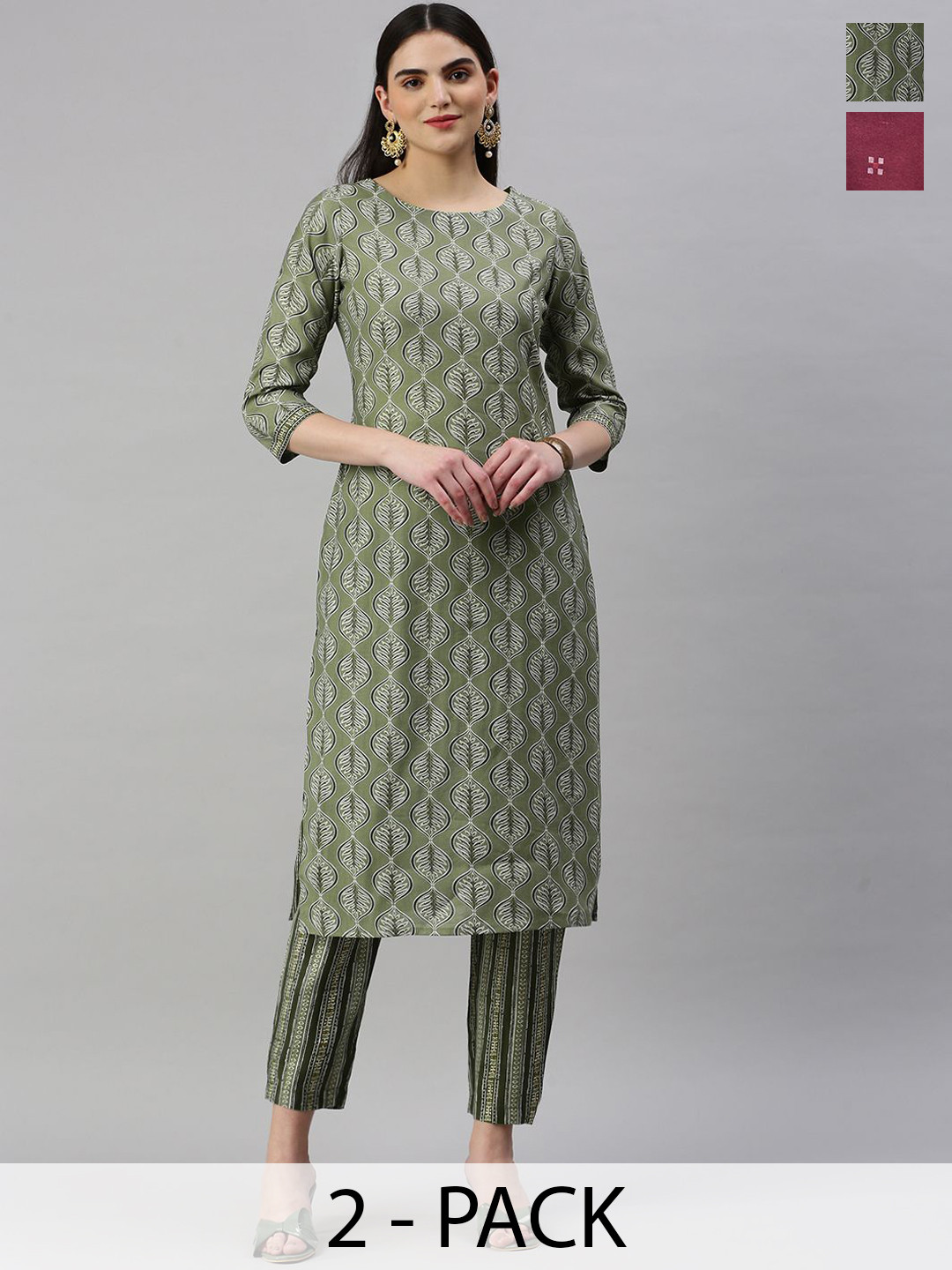 KALINI Selection Of 2 Floral Printed Round Neck Straight Kurtas With Trousers, Olive
KALINI Selection Of 2 Floral Printed Round Neck Straight Kurtas With Trousers, Olive