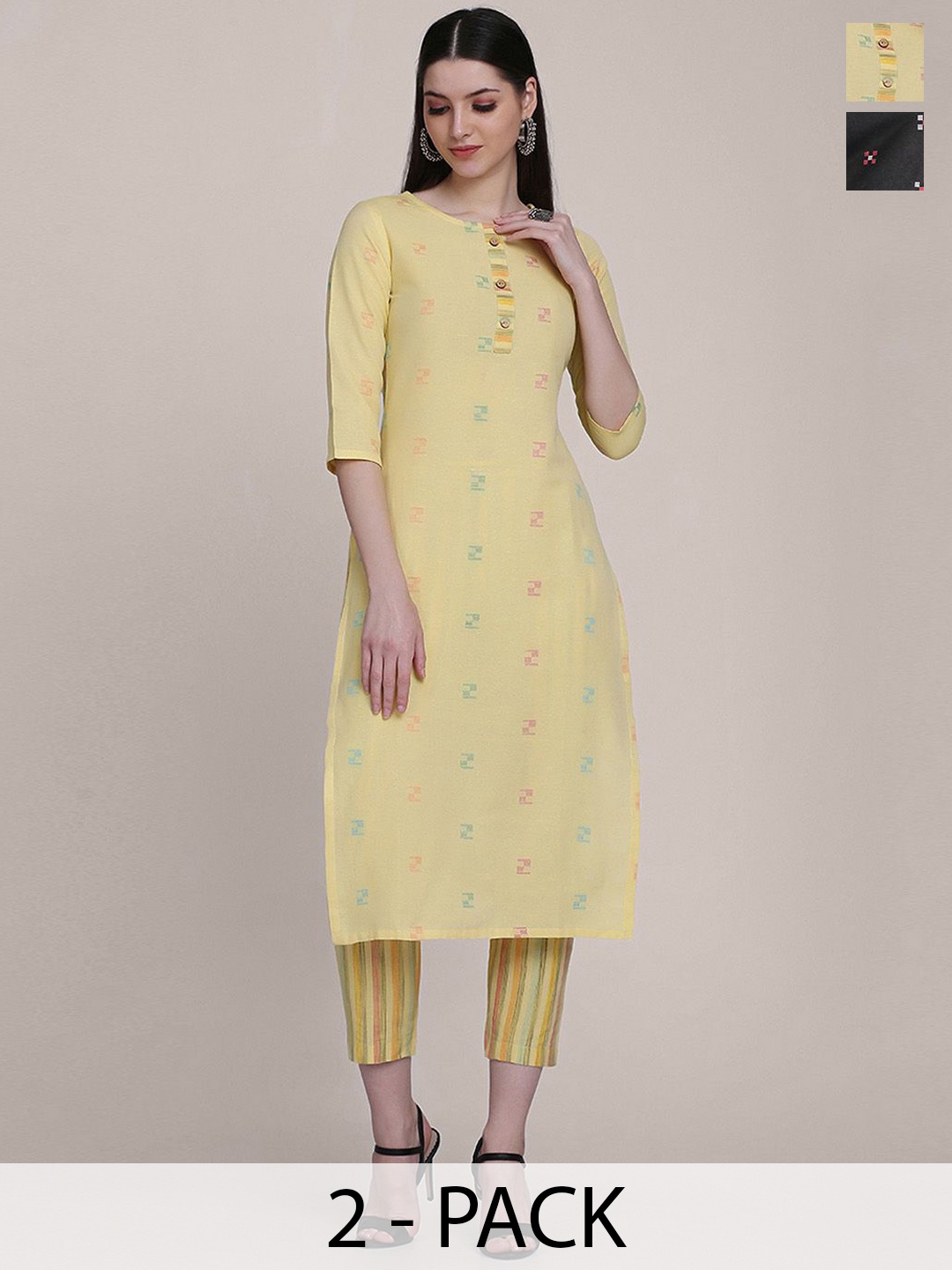 KALINI Selection Of 2 Geometric Printed Round Neck Straight Kurtas With Trousers, Yellow
KALINI Selection Of 2 Geometric Printed Round Neck Straight Kurtas With Trousers, Yellow