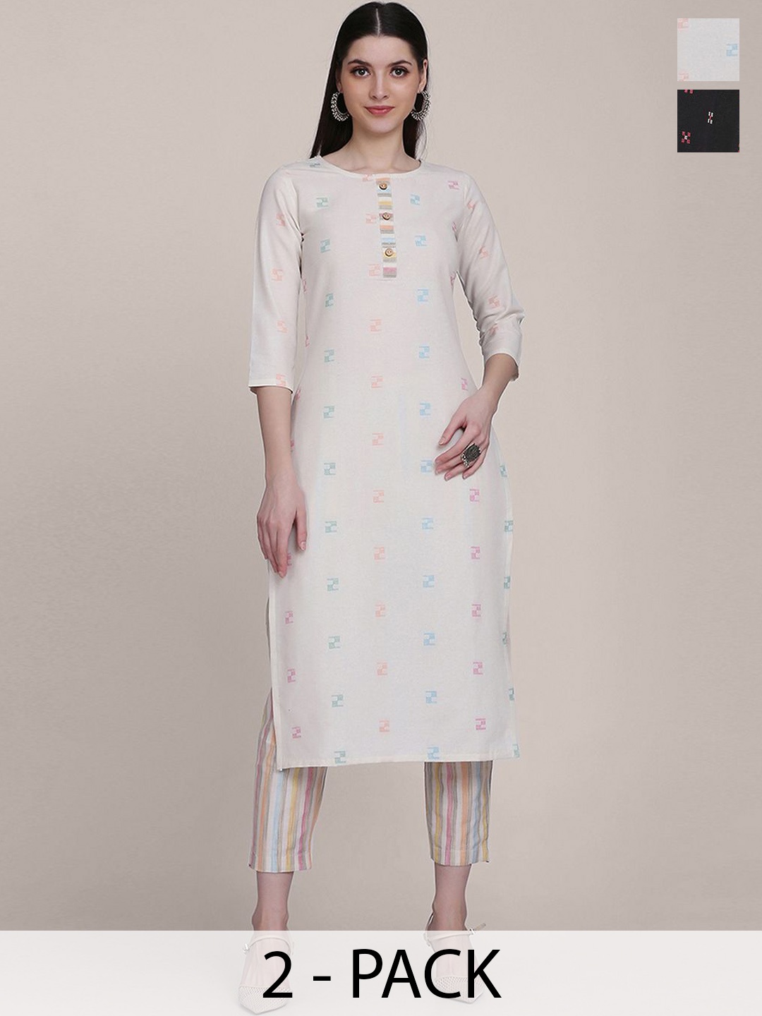 KALINI Selection Of 2 Geometric Woven Design Round Neck Straight Kurta with Trousers, White
KALINI Selection Of 2 Geometric Woven Design Round Neck Straight Kurta with Trousers, White