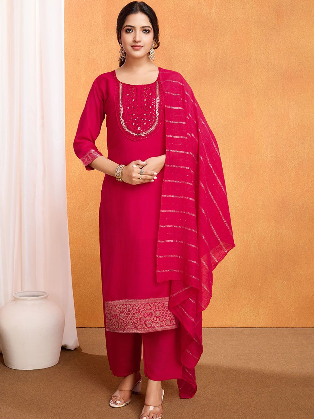KALINI Floral Embroidered Sequunied Art Silk Straight Kurta With Trousers And Dupatta, Pink
KALINI Floral Embroidered Sequunied Art Silk Straight Kurta With Trousers And Dupatta, Pink