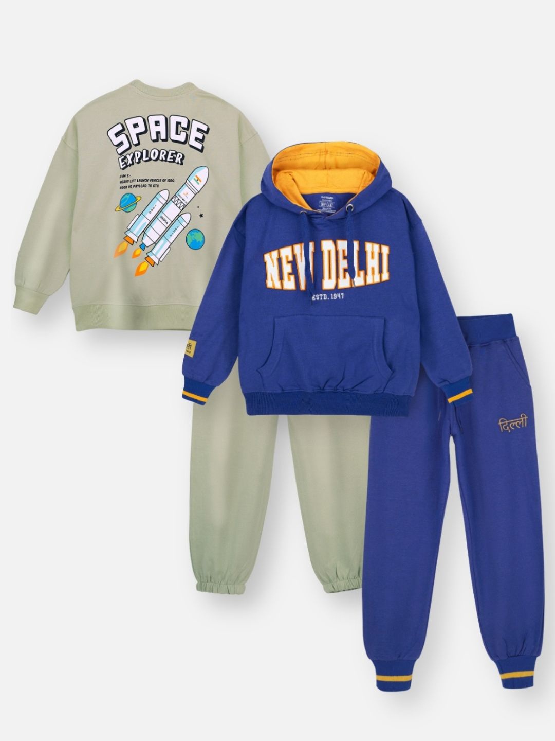 Nap Chief Kids Unisex Pack Of 2 ISRO and New Delhi Pure Cotton Sweatshirt & Joggers, Blue
Nap Chief Kids Unisex Pack Of 2 ISRO and New Delhi Pure Cotton Sweatshirt & Joggers, Blue