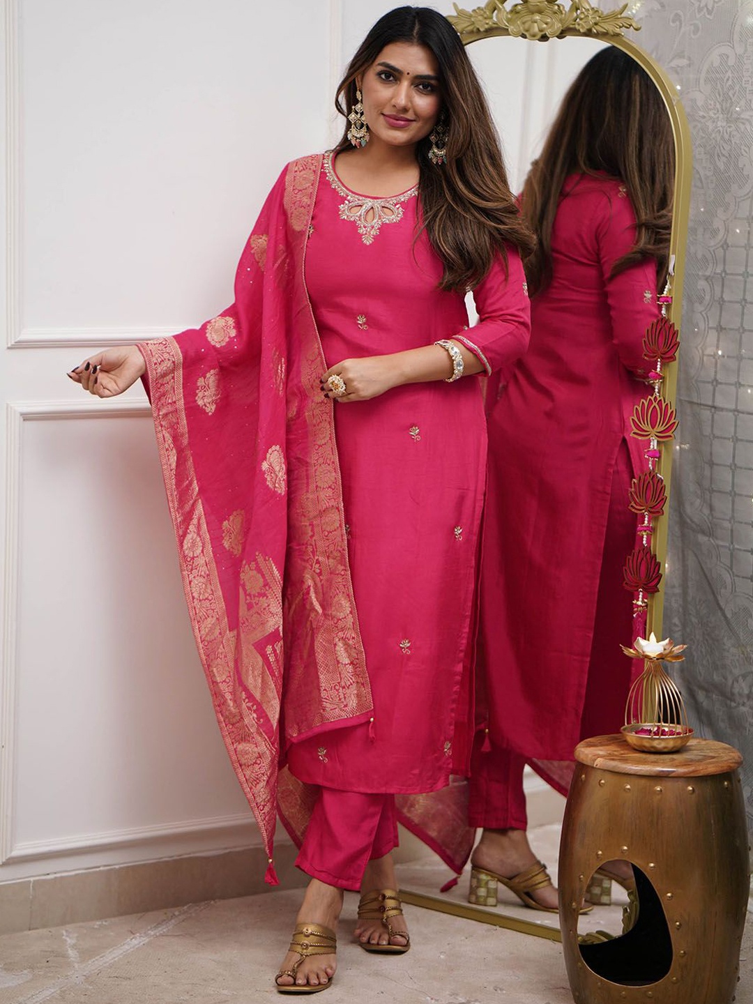 KALINI Floral Embroidered Chanderi Silk Straight Kurta With Trousers & Dupatta, Pink
KALINI Floral Embroidered Chanderi Silk Straight Kurta With Trousers & Dupatta, Pink
