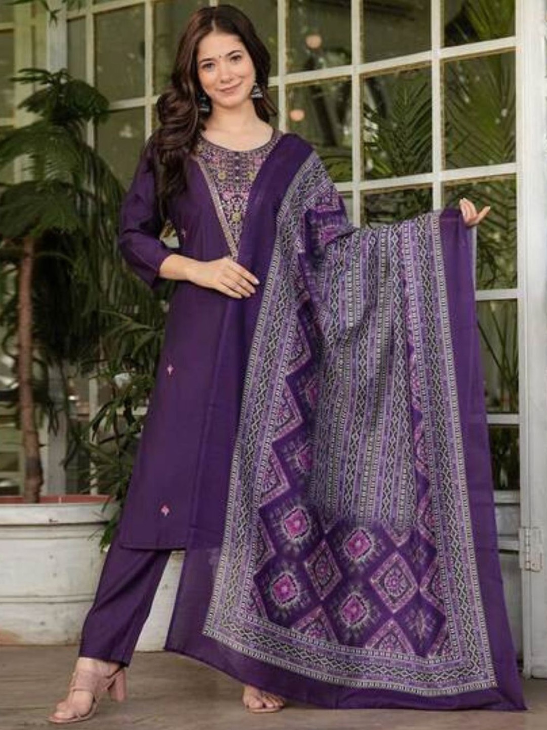 Navlik Floral Yoke Design Embroidered Straight Kurta With Trousers And Dupatta, Purple
Navlik Floral Yoke Design Embroidered Straight Kurta With Trousers And Dupatta, Purple