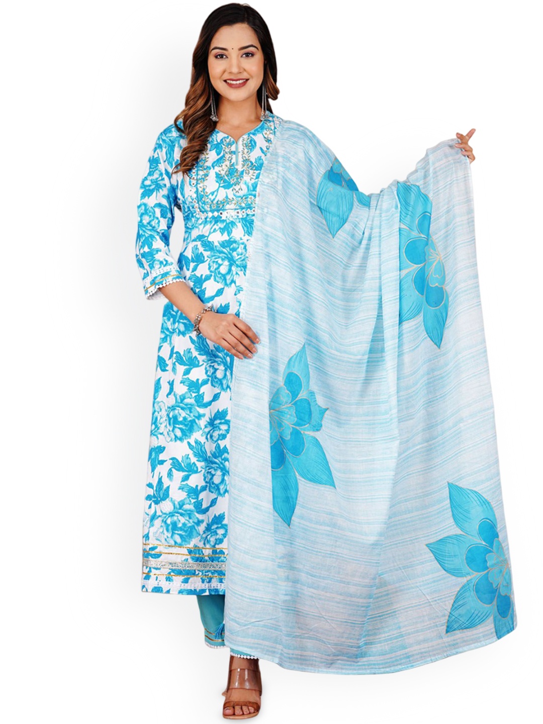 L.H HANDICRAFTS Floral Printed Pure Cotton Anarkali Kurta With Trousers And Dupatta, Blue
L.H HANDICRAFTS Floral Printed Pure Cotton Anarkali Kurta With Trousers And Dupatta, Blue