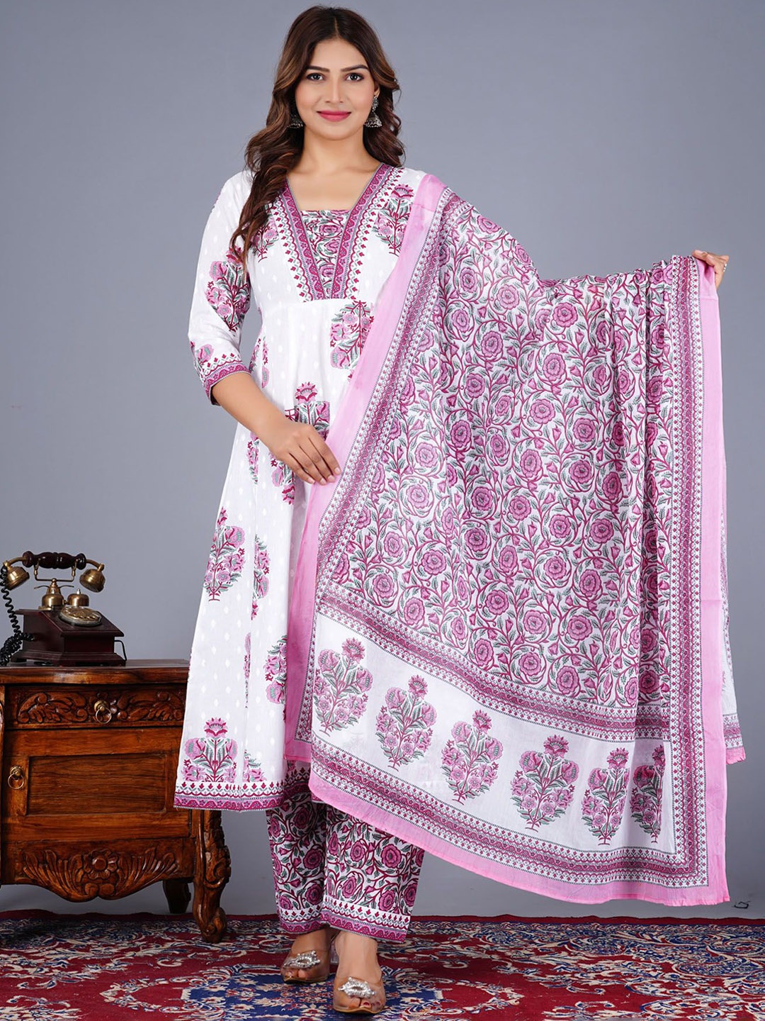 L.H HANDICRAFTS Floral Printed Pure Cotton Anarkali Kurta With Trousers And Dupatta, Pink
L.H HANDICRAFTS Floral Printed Pure Cotton Anarkali Kurta With Trousers And Dupatta, Pink