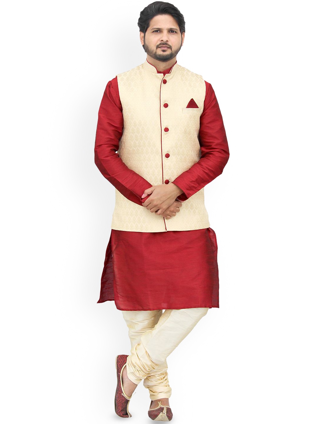 Om Shubh Mangalam Mandarin Collar Silk Straight Kurta With Pyjamas And Nehru Jacket, Red
Om Shubh Mangalam Mandarin Collar Silk Straight Kurta With Pyjamas And Nehru Jacket, Red