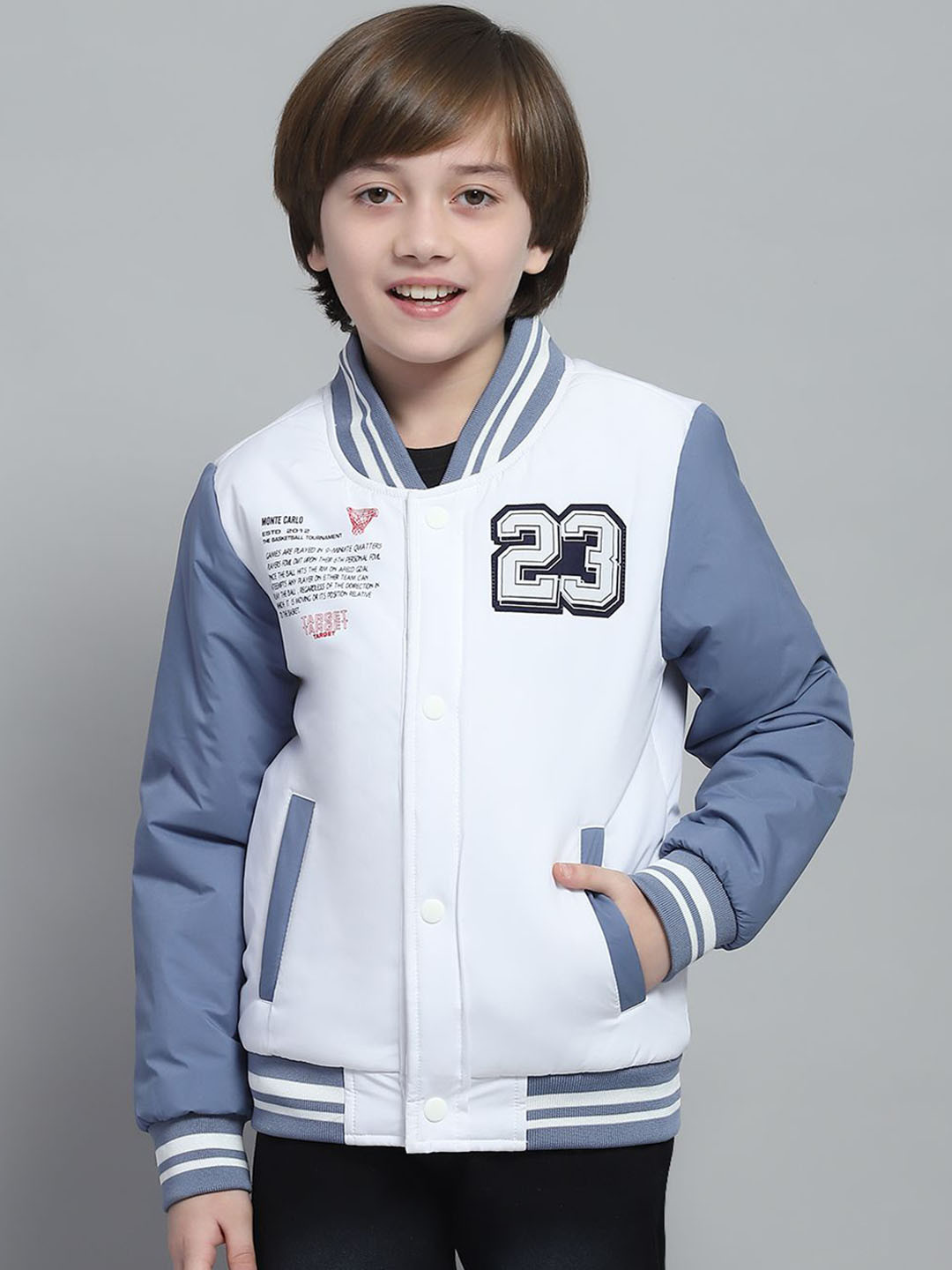 Monte Carlo Boys Stand Collar Colourblocked Casual Lightweight Varsity Jacket, White
Monte Carlo Boys Stand Collar Colourblocked Casual Lightweight Varsity Jacket, White