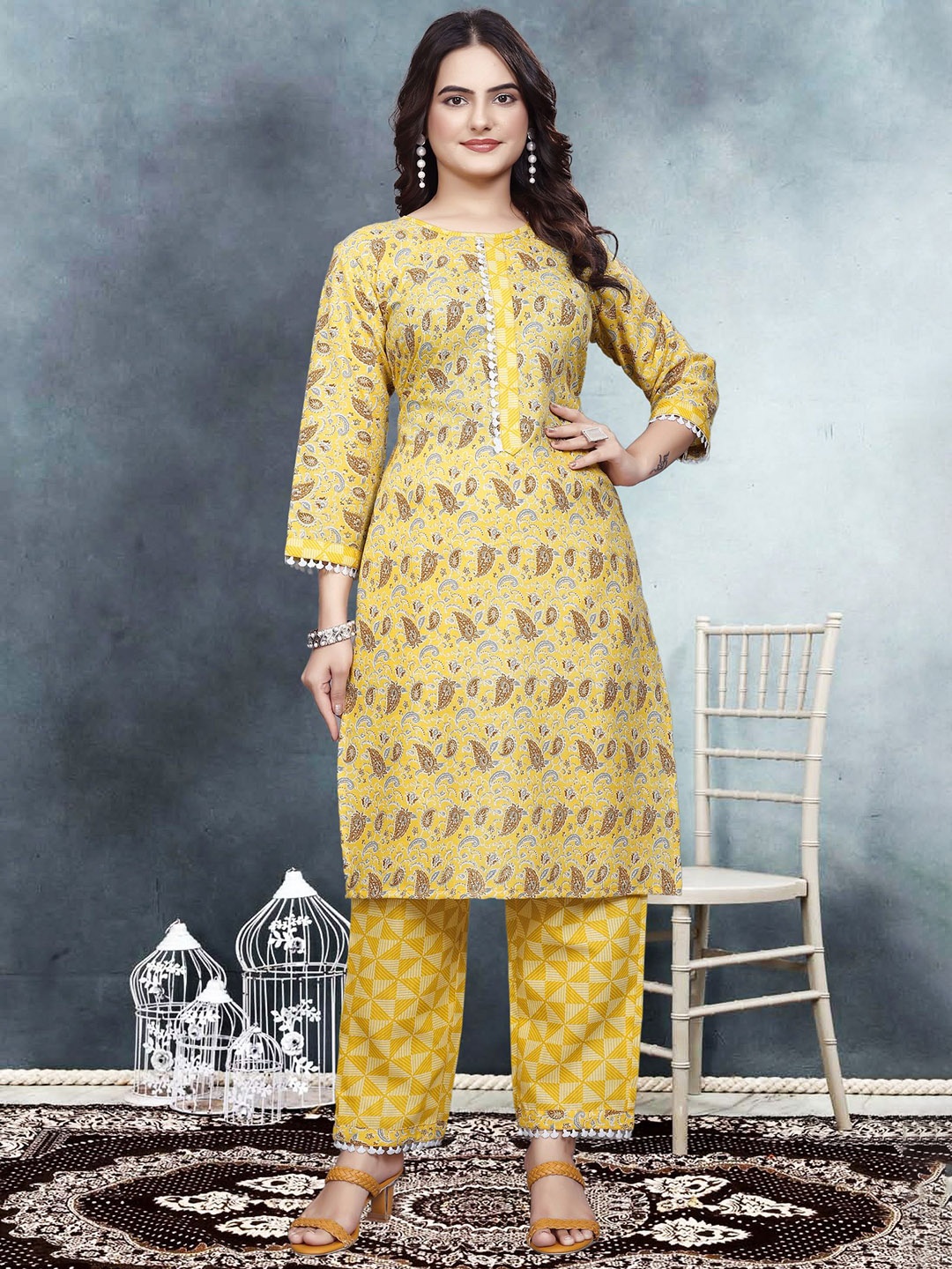 Divyadham Ethnic Motifs Printed Lace Work Pure Cotton Straight Kurta with Trouser, Yellow
Divyadham Ethnic Motifs Printed Lace Work Pure Cotton Straight Kurta with Trouser, Yellow