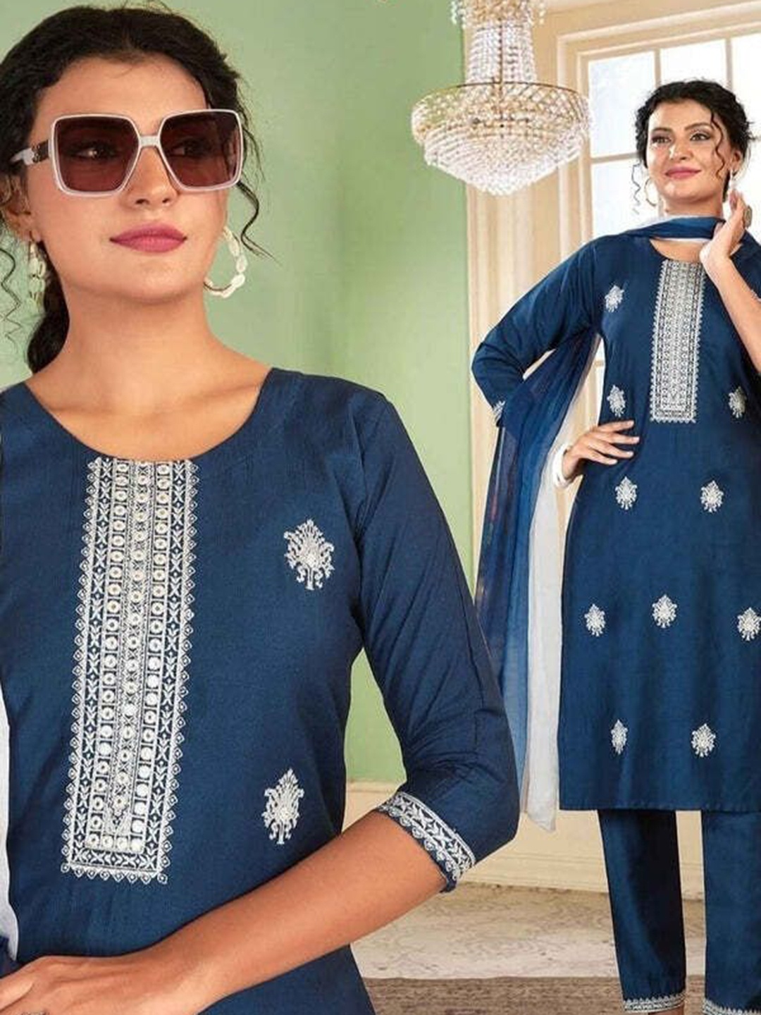 REET MAHAL Floral Embroidered Round Neck Georgette Straight Kurta With Trouser And Dupatta, Navy blue
REET MAHAL Floral Embroidered Round Neck Georgette Straight Kurta With Trouser And Dupatta, Navy blue