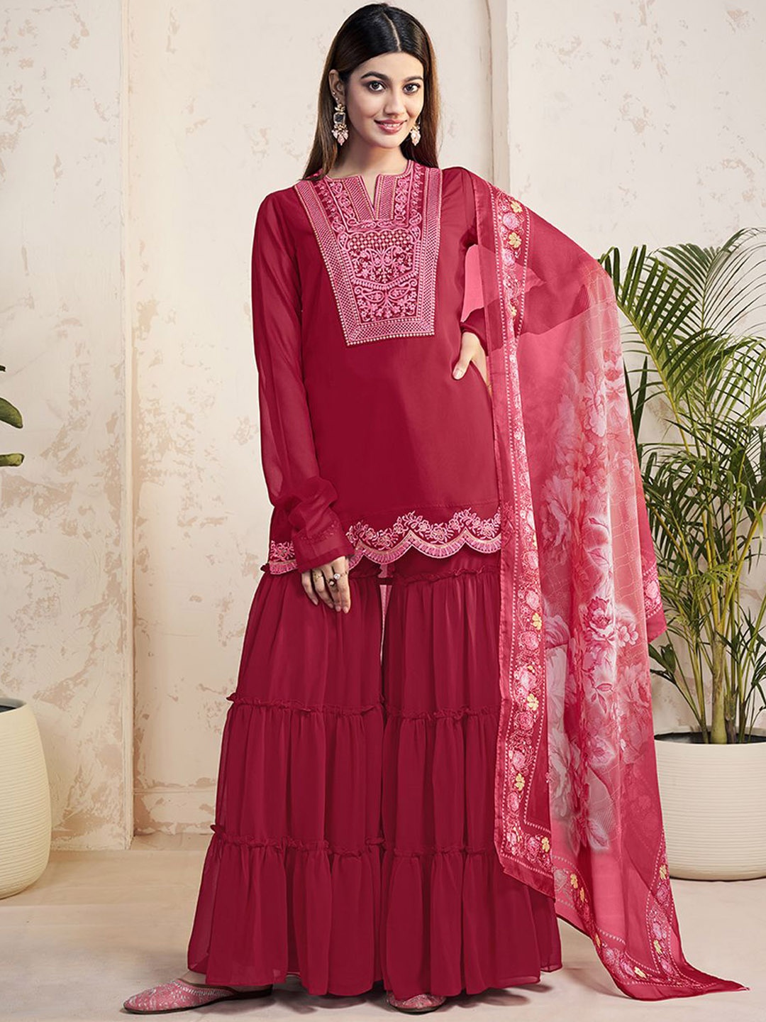 Inddus Ethnic Motifs Embroidered Sequinned Georgette Straight Kurti With Sharara & Dupatta, Red
Inddus Ethnic Motifs Embroidered Sequinned Georgette Straight Kurti With Sharara & Dupatta, Red
