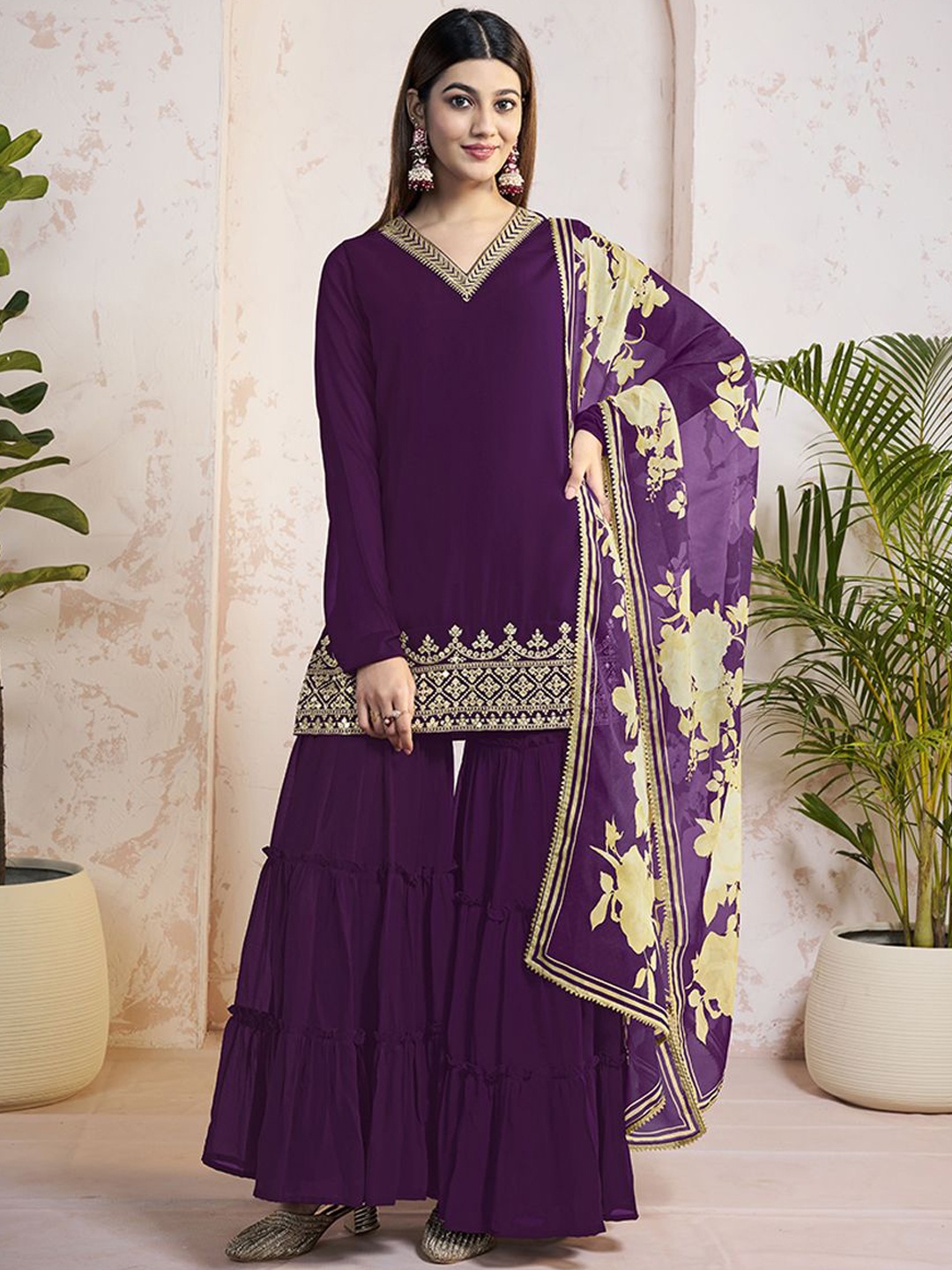 Inddus Ethnic Motifs Embroidered Sequinned Georgette Straight Kurti With Sharara & Dupatta, Purple
Inddus Ethnic Motifs Embroidered Sequinned Georgette Straight Kurti With Sharara & Dupatta, Purple