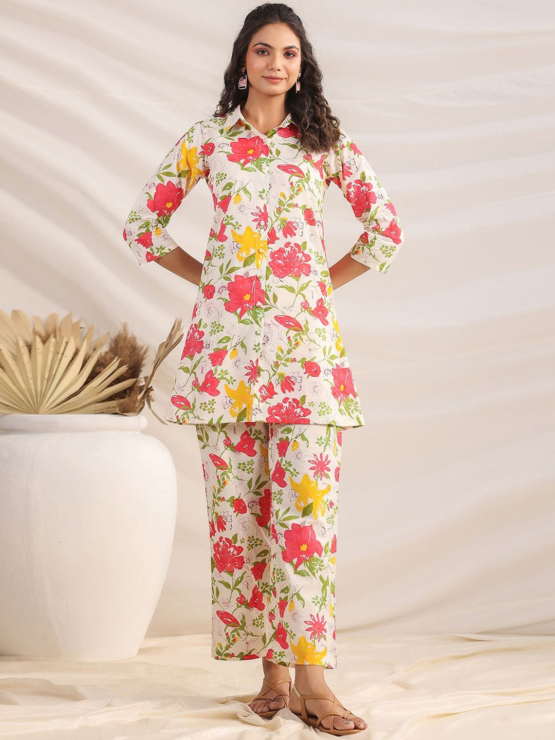 KALINI Women Floral Printed Shirt Collar Pure Cotton A-Line Tunic With Trousers Co-Ords, Off white
KALINI Women Floral Printed Shirt Collar Pure Cotton A-Line Tunic With Trousers Co-Ords, Off white