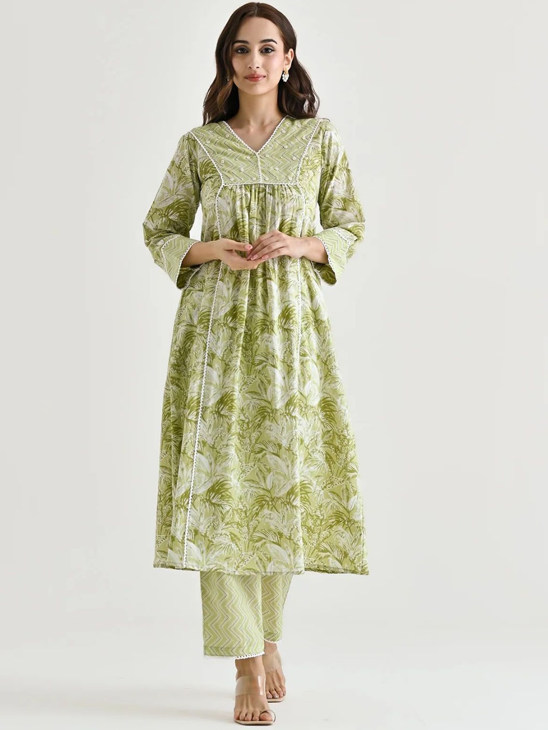 BLACK SCISSOR Floral Printed V-Neck Beads Work A-Line Kurta With Trouser, Lime green
BLACK SCISSOR Floral Printed V-Neck Beads Work A-Line Kurta With Trouser, Lime green