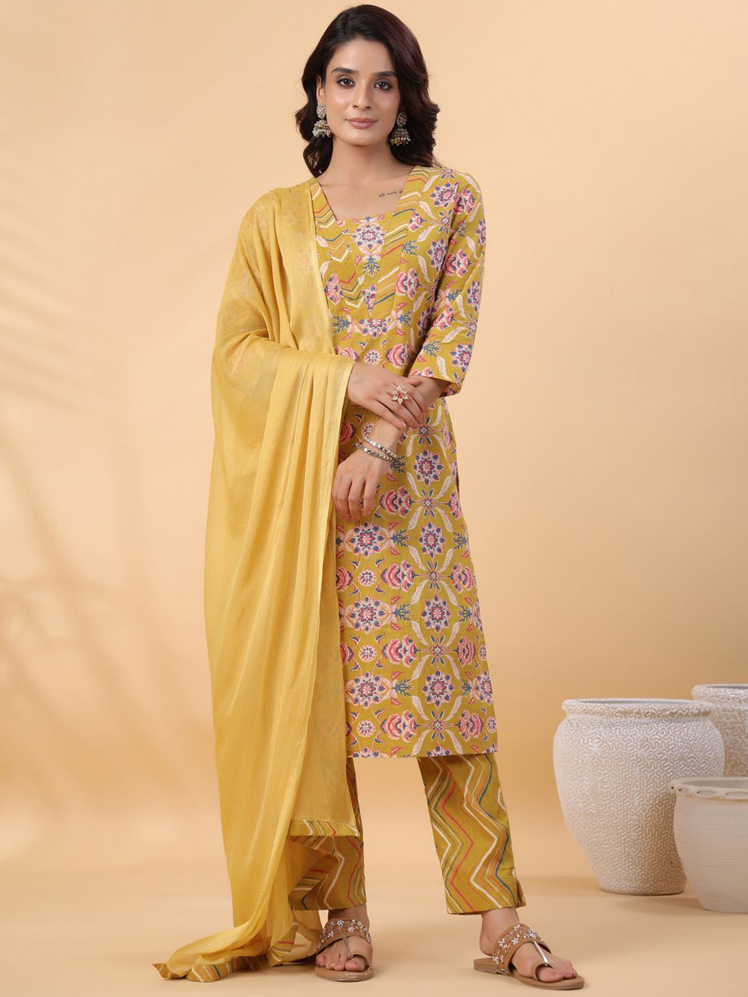 KALINI Women Floral Printed Regular Pure Cotton Kurta with Trousers & With Dupatta, Mustard
KALINI Women Floral Printed Regular Pure Cotton Kurta with Trousers & With Dupatta, Mustard