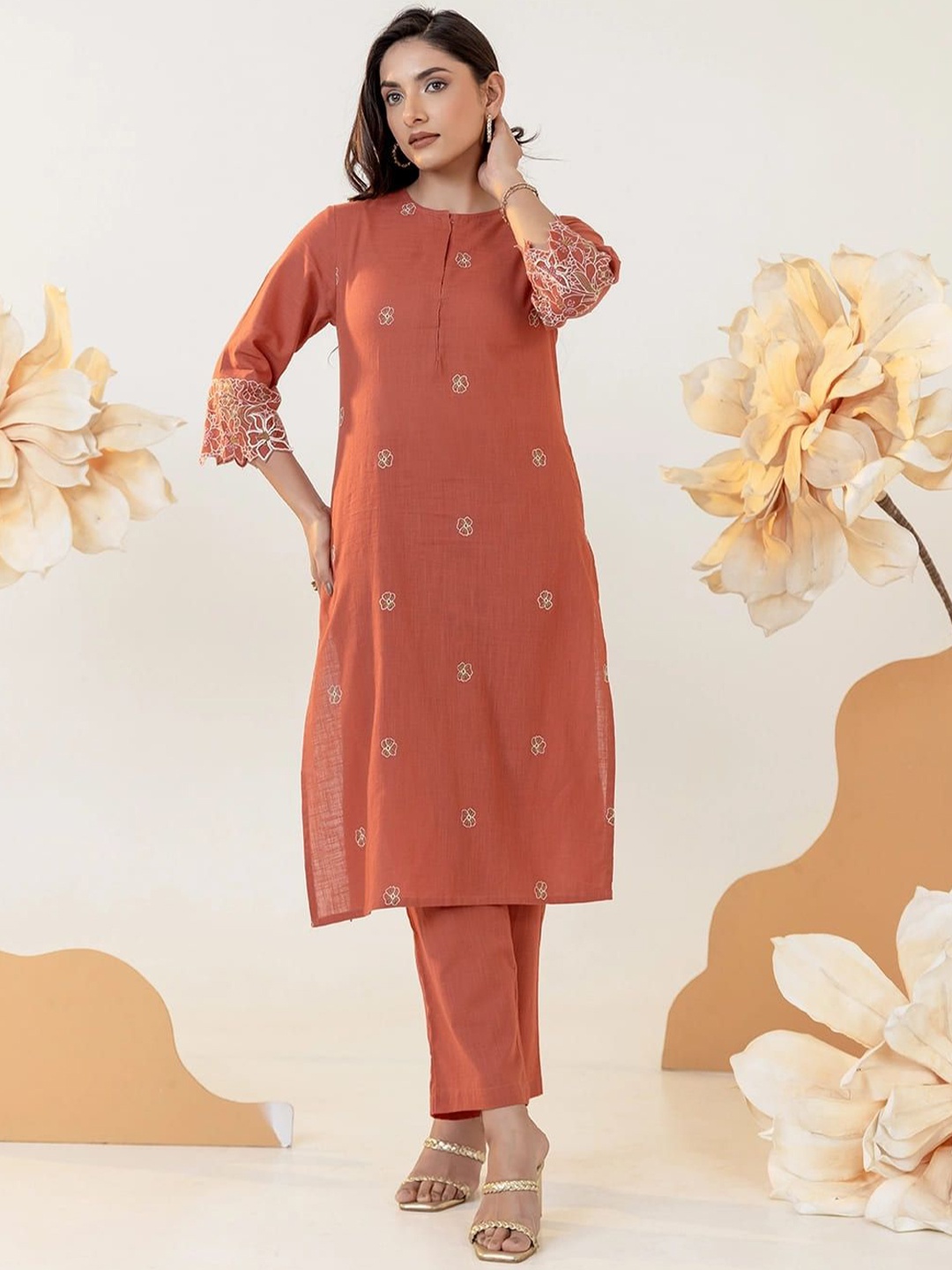 MISRI Floral Embroidered Round Neck Thread Work Pure Cotton Straight Kurta With Trousers, Rust
MISRI Floral Embroidered Round Neck Thread Work Pure Cotton Straight Kurta With Trousers, Rust