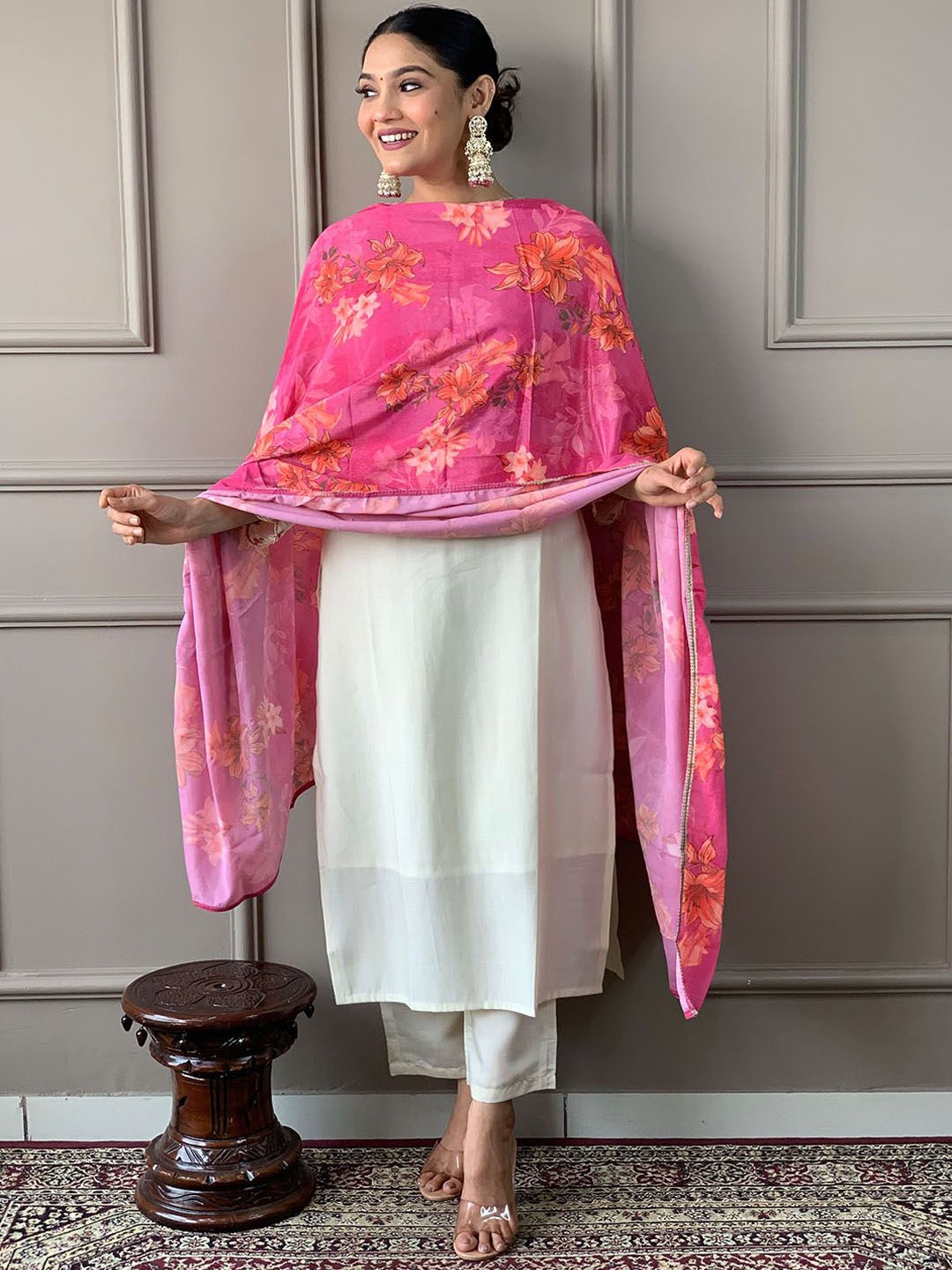 KALINI Floral Yoke Design V-Neck Chanderi Silk Kurta With Trouser Ans Dupatta, White
KALINI Floral Yoke Design V-Neck Chanderi Silk Kurta With Trouser Ans Dupatta, White