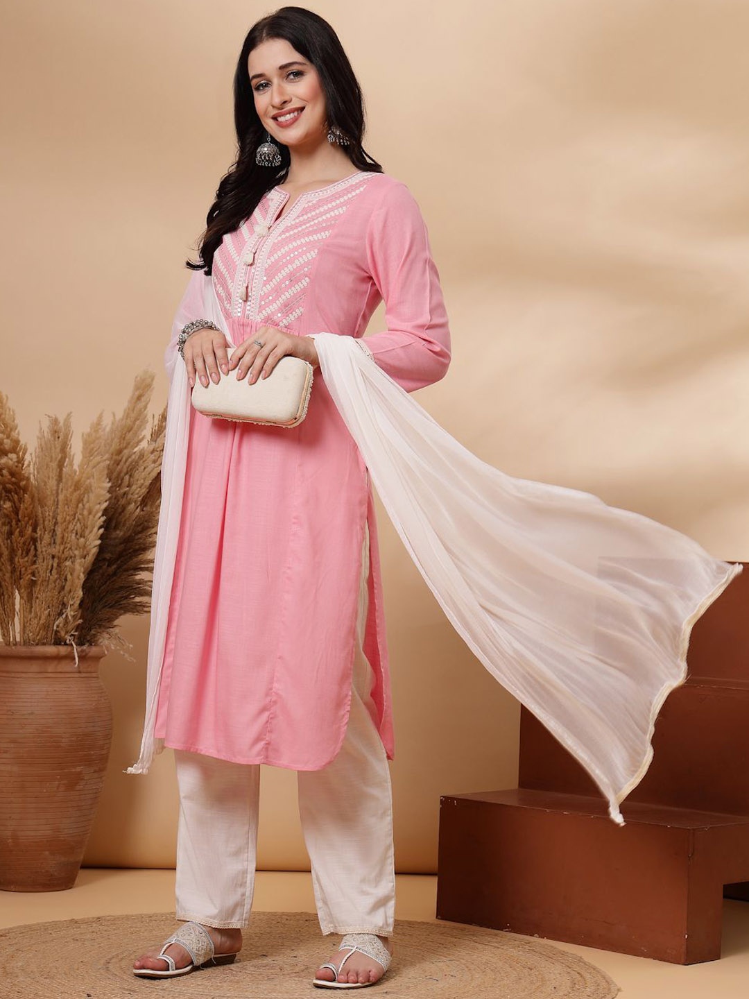 Nayam By Lakshita Geometric Yoke Design Sequinned A-Line Kurta with Palazzos & Dupatta, Pink
Nayam By Lakshita Geometric Yoke Design Sequinned A-Line Kurta with Palazzos & Dupatta, Pink