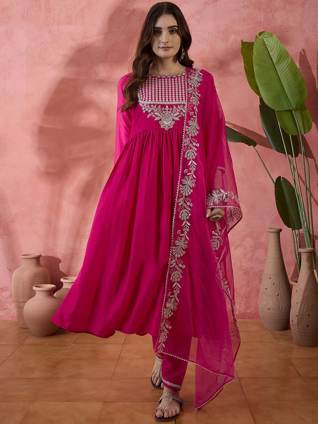 Sangria Floral Embroidered Sequinned Pleated A-Line Kurta With Trousers & Dupatta, Pink
Sangria Floral Embroidered Sequinned Pleated A-Line Kurta With Trousers & Dupatta, Pink
