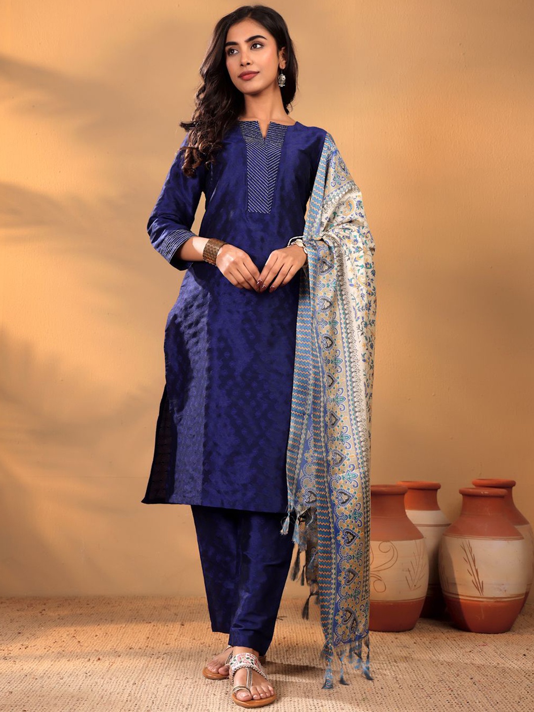 Varanga Navy Blue Ethnic Motifs Woven Design Thread Work Kurta With Trousers & Dupatta
Varanga Navy Blue Ethnic Motifs Woven Design Thread Work Kurta With Trousers & Dupatta