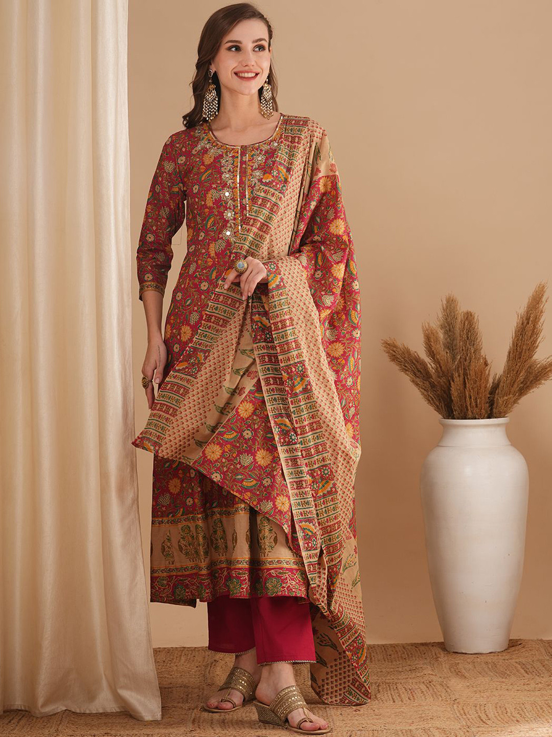 FASHOR Floral Printed Mirror Work Pure Cotton Anarkali Kurta with Trousers & Dupatta, Pink
FASHOR Floral Printed Mirror Work Pure Cotton Anarkali Kurta with Trousers & Dupatta, Pink