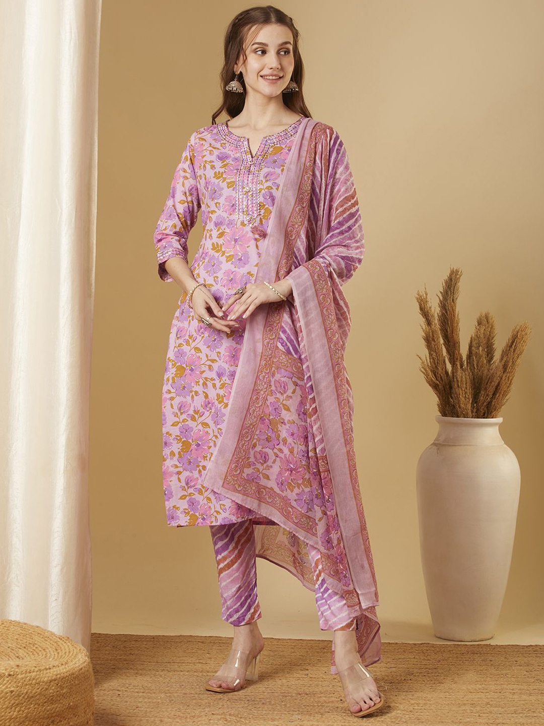 FASHOR Purple Floral Printed Gotta Patti Pure Cotton Straight Kurta With Trouser & Dupatta
FASHOR Purple Floral Printed Gotta Patti Pure Cotton Straight Kurta With Trouser & Dupatta