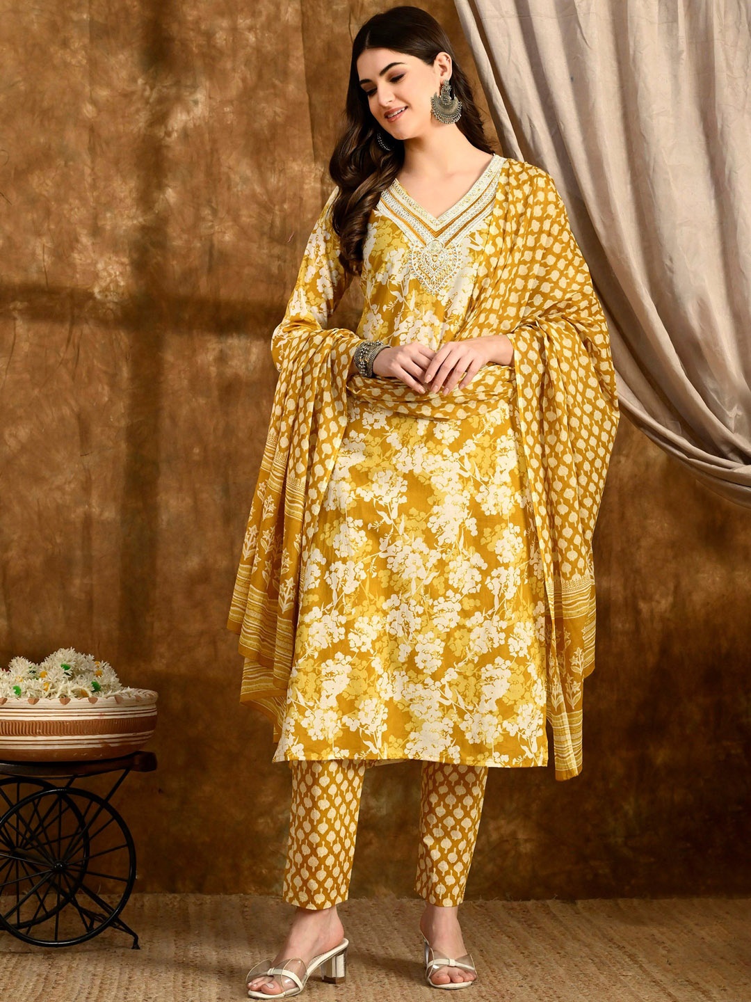 KEOSA Floral Printed V-Neck Straight Pure Cotton Straight Kurta With Trousers & Dupatta, Mustard
KEOSA Floral Printed V-Neck Straight Pure Cotton Straight Kurta With Trousers & Dupatta, Mustard