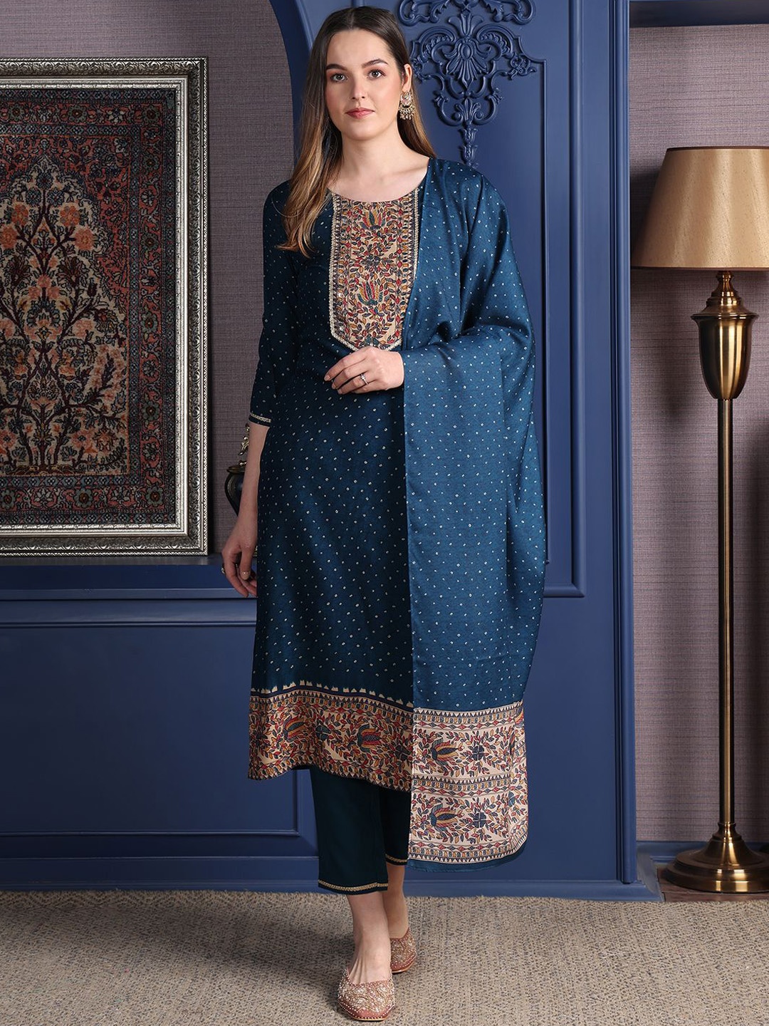 KALINI Yoke Design Bandhani Thread Work Round Neck Straight Kurta With Trousers & Dupatta, Teal
KALINI Yoke Design Bandhani Thread Work Round Neck Straight Kurta With Trousers & Dupatta, Teal
