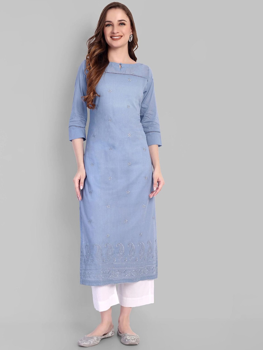 Mera Rang Paisley Embroidered Boat Neck Chikankari Pure Cotton Straight Kurta With Palazzo, Blue
Mera Rang Paisley Embroidered Boat Neck Chikankari Pure Cotton Straight Kurta With Palazzo, Blue