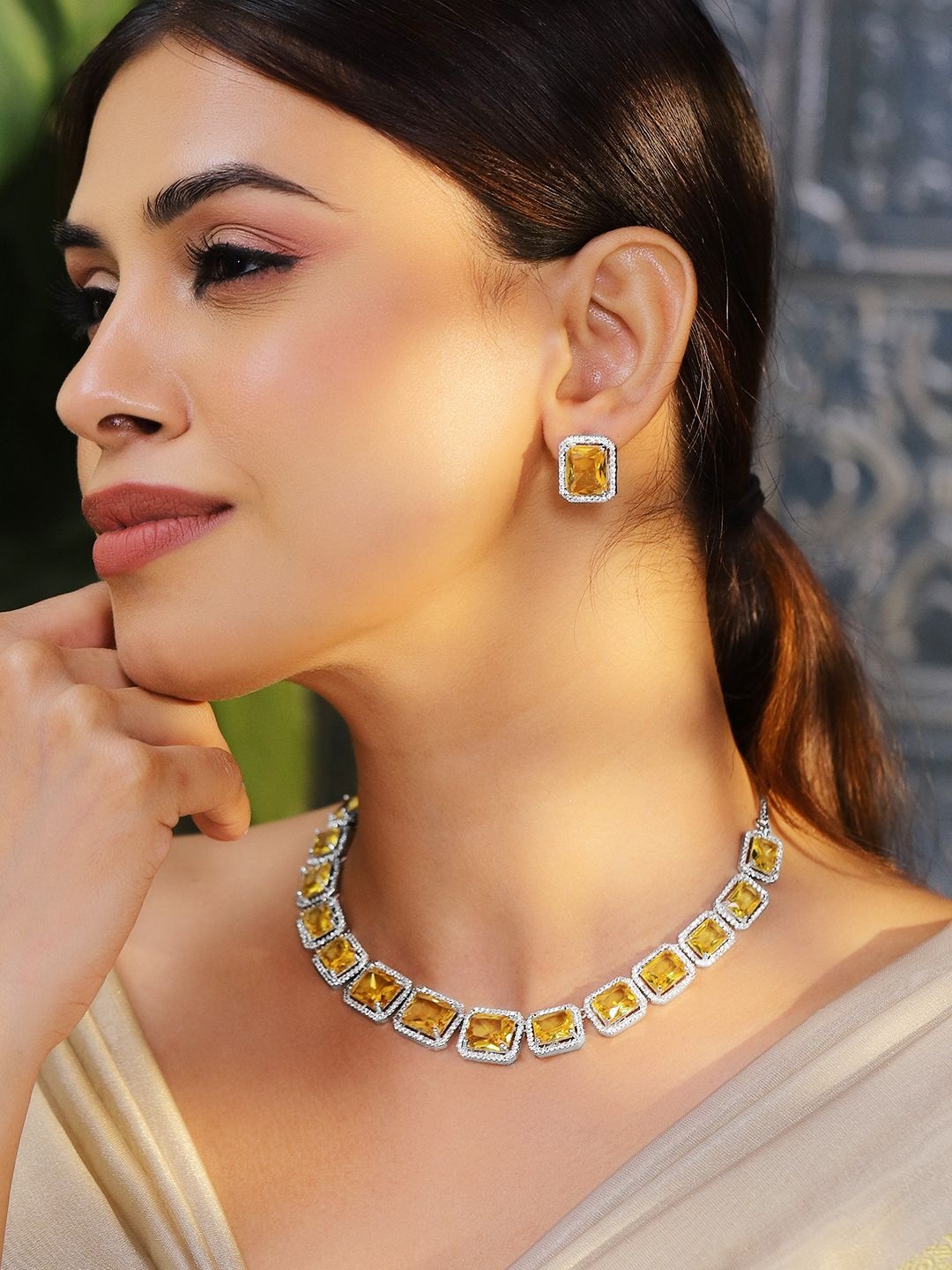 Rubans 22K Gold-Plated Yellow Sapphire & Cubic Zirconia Studded Premium Jewellery Set
Rubans 22K Gold-Plated Yellow Sapphire & Cubic Zirconia Studded Premium Jewellery Set