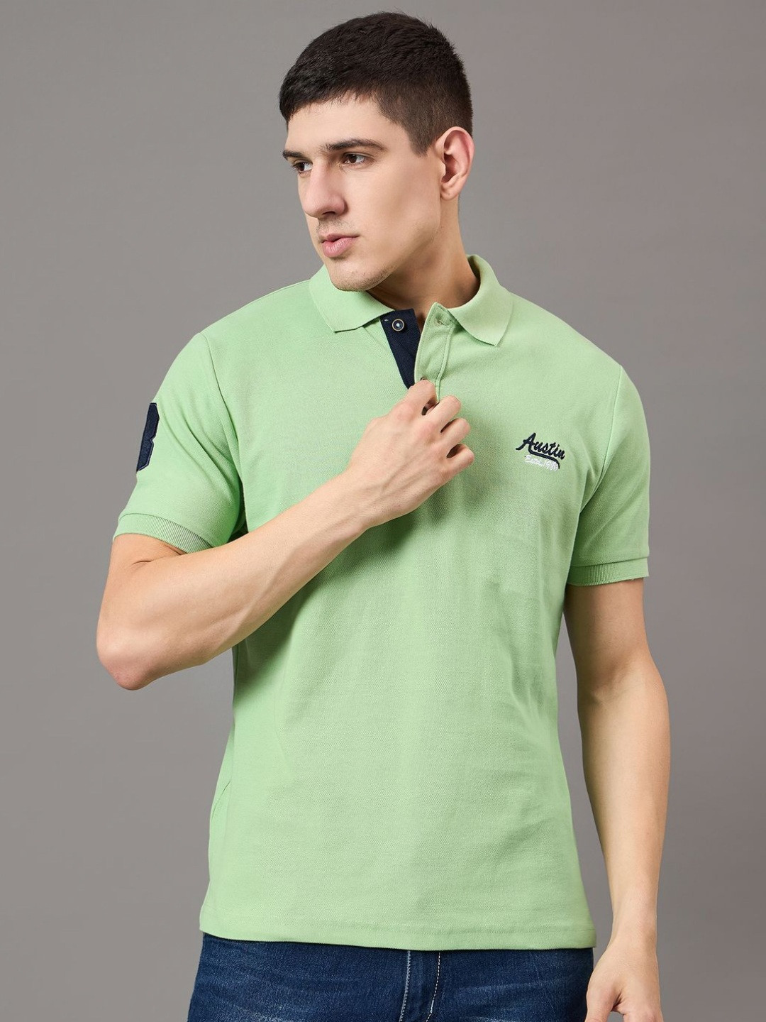 Austin wood Men Solid Polo Collar Cotton T-shirt, Green 
Austin wood Men Solid Polo Collar Cotton T-shirt, Green