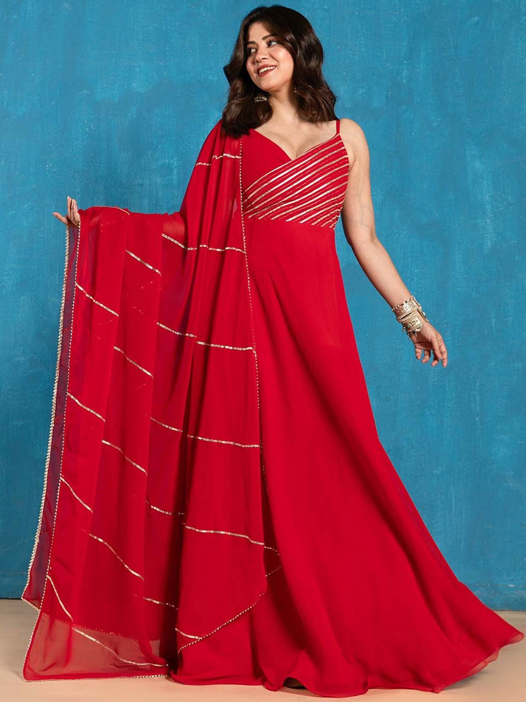 NUD Shoulder Strap Gotta Patti Angrakha Georgette Anarkali Kurta With Dupatta, Red
NUD Shoulder Strap Gotta Patti Angrakha Georgette Anarkali Kurta With Dupatta, Red