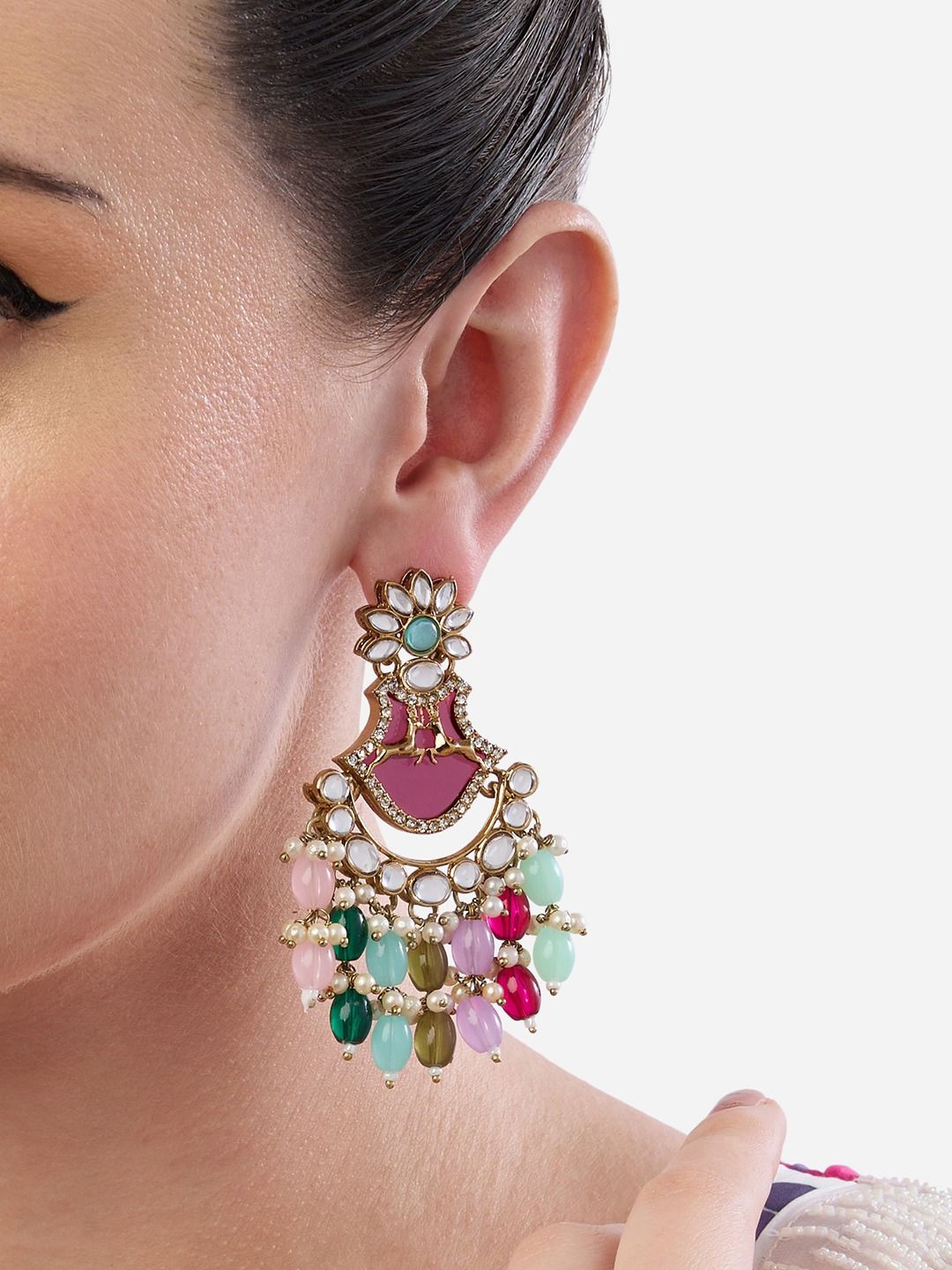 Zaveri Gold-Plated Artificial Stones Studded and Beaded Contemporary Shaped Drop Earrings
Zaveri Gold-Plated Artificial Stones Studded and Beaded Contemporary Shaped Drop Earrings