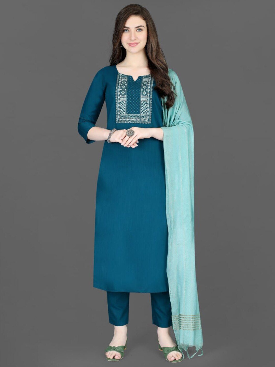 REALLTREND Floral Yoke Design Thread Work Straight Kurta With Trousers & Dupatta, Blue
REALLTREND Floral Yoke Design Thread Work Straight Kurta With Trousers & Dupatta, Blue