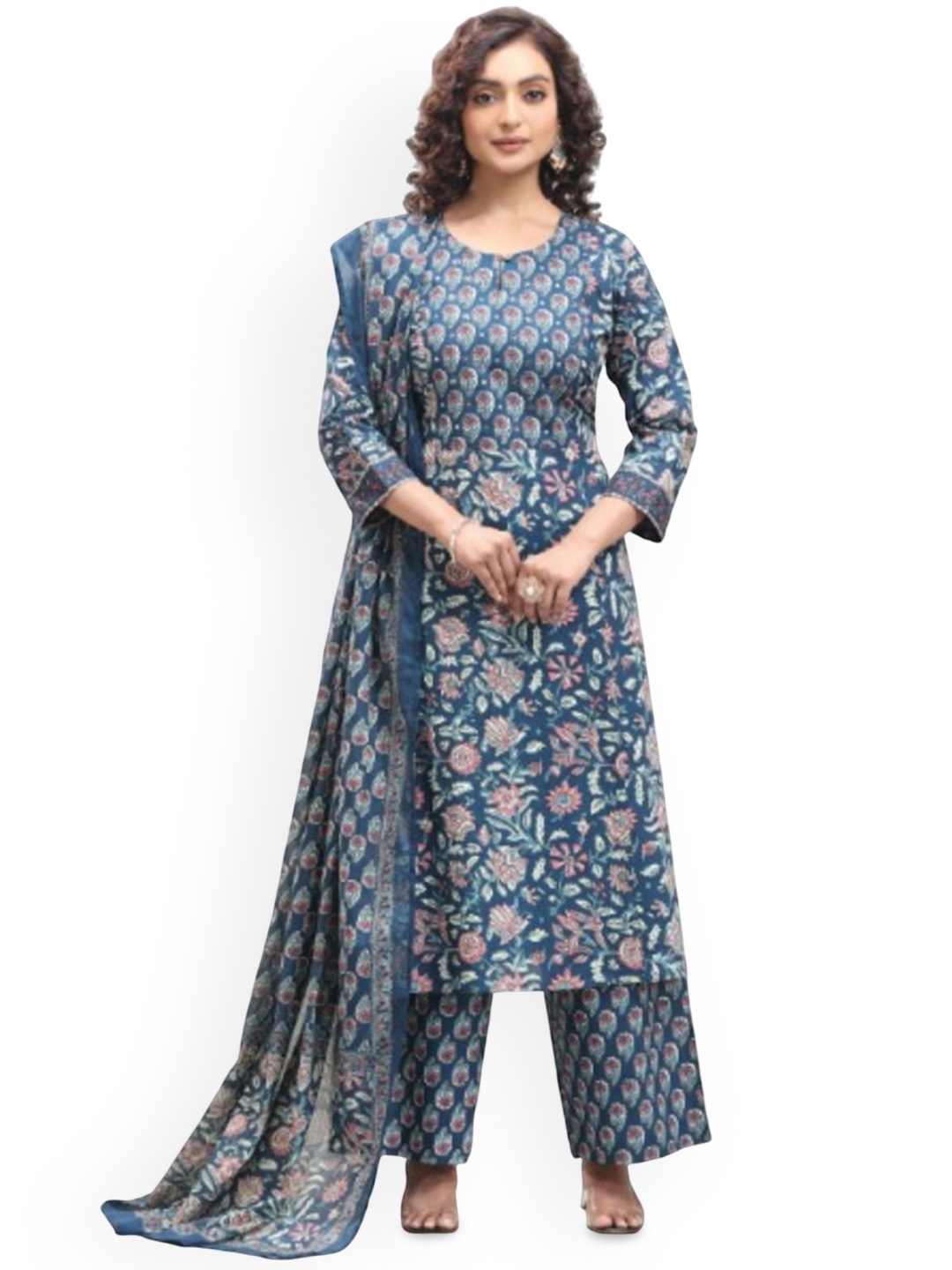 COTTON CULTURE Floral Printed Sequinned Pure Cotton Kurta With Palazzos & Dupatta, Blue
COTTON CULTURE Floral Printed Sequinned Pure Cotton Kurta With Palazzos & Dupatta, Blue