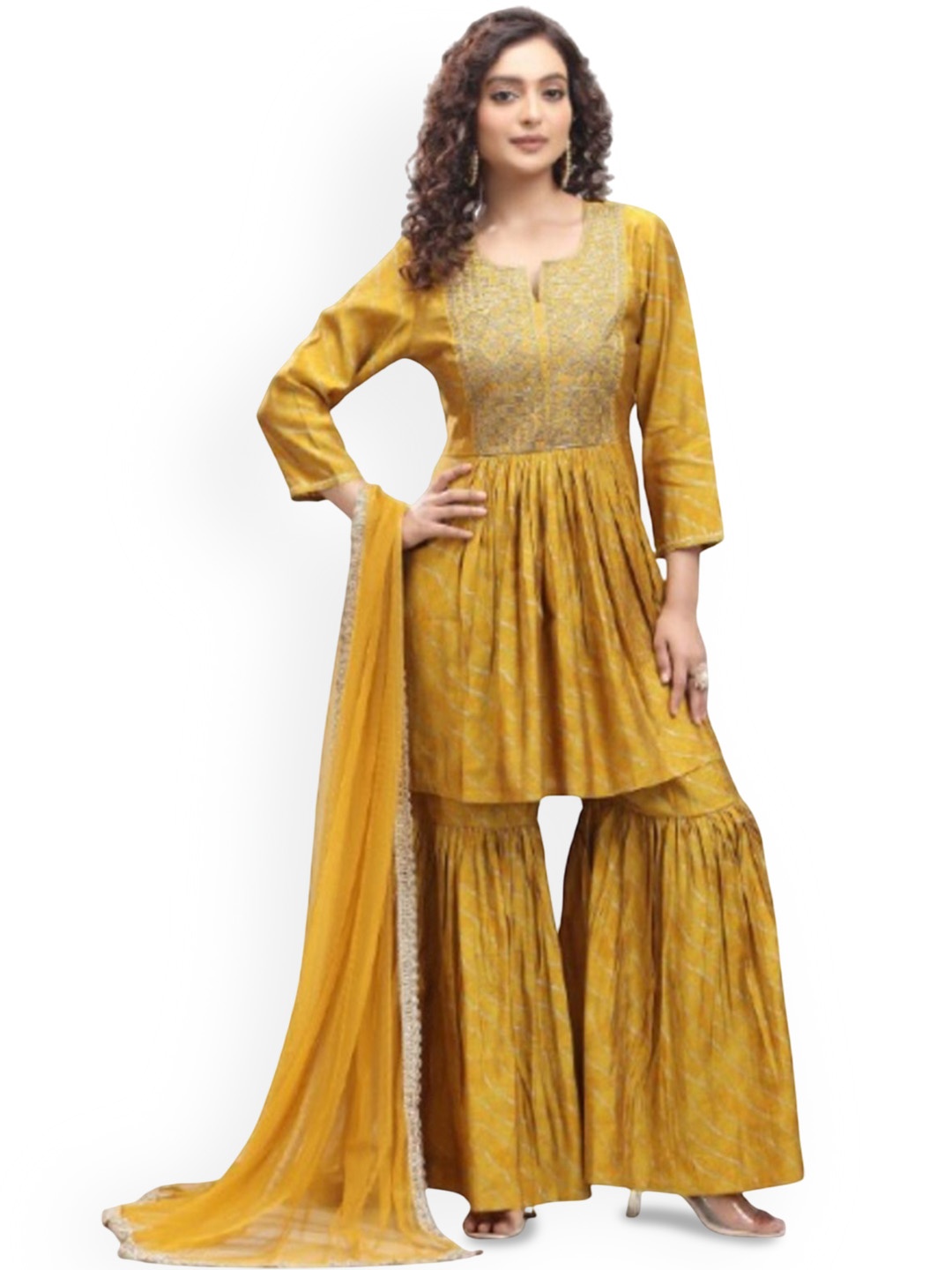 COTTON CULTURE Leheriya Printed Thread Work Pure Silk Kurta With Sharara & Dupatta, Yellow
COTTON CULTURE Leheriya Printed Thread Work Pure Silk Kurta With Sharara & Dupatta, Yellow
