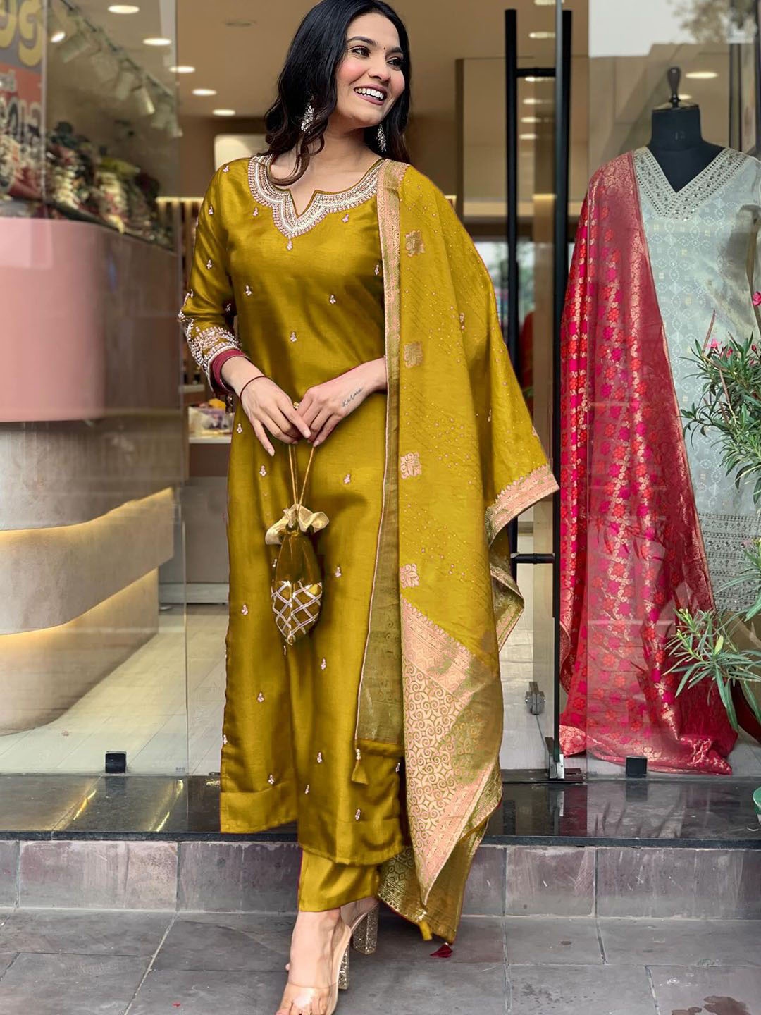 KALINI Floral Embroidered Notch Neck Straight Kurta With Trousers And Dupatta, Yellow
KALINI Floral Embroidered Notch Neck Straight Kurta With Trousers And Dupatta, Yellow