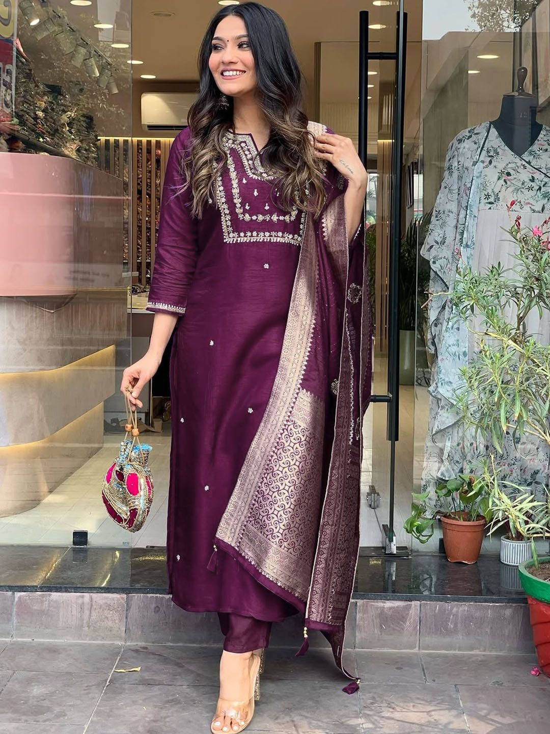 KALINI Women Embroidered Regular Sequinned Chanderi Cotton Kurta with Trousers & With Dupatta, Burgundy
KALINI Women Embroidered Regular Sequinned Chanderi Cotton Kurta with Trousers & With Dupatta, Burgundy
