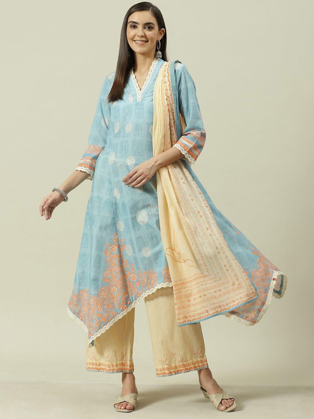 Biba Floral Printed V-Neck Pure Cotton A-Line Asymmetric Kurta With Palazzos & Dupatta, Blue
Biba Floral Printed V-Neck Pure Cotton A-Line Asymmetric Kurta With Palazzos & Dupatta, Blue