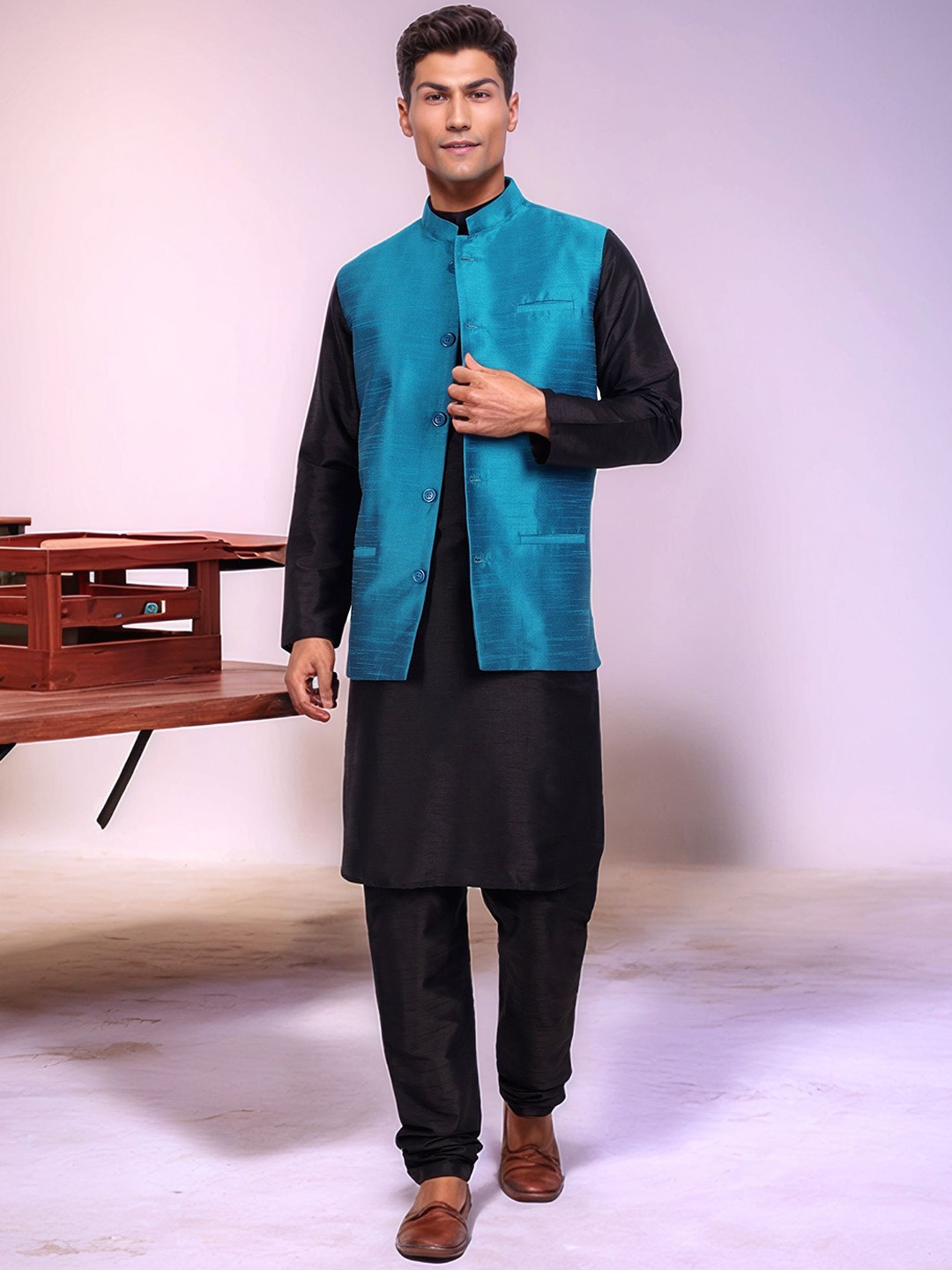 Moda Rapido Woven Design Mandarin Collar Straight Kurta With Pyjamas & Nehru Jacket, Black
Moda Rapido Woven Design Mandarin Collar Straight Kurta With Pyjamas & Nehru Jacket, Black