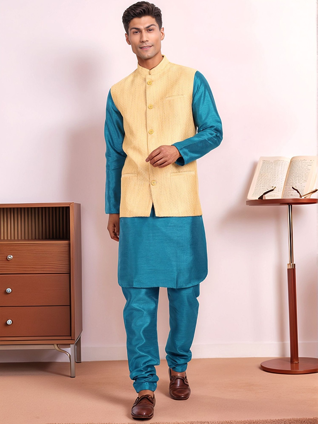 Moda Rapido Woven Design Mandarin Collar Straight Kurta With Pyjamas & Nehru Jacket, Blue
Moda Rapido Woven Design Mandarin Collar Straight Kurta With Pyjamas & Nehru Jacket, Blue