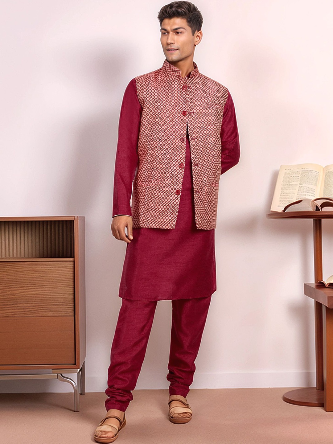 Moda Rapido Woven Design Mandarin Collar Straight Kurta With Pyjamas & Nehru Jacket, Red
Moda Rapido Woven Design Mandarin Collar Straight Kurta With Pyjamas & Nehru Jacket, Red