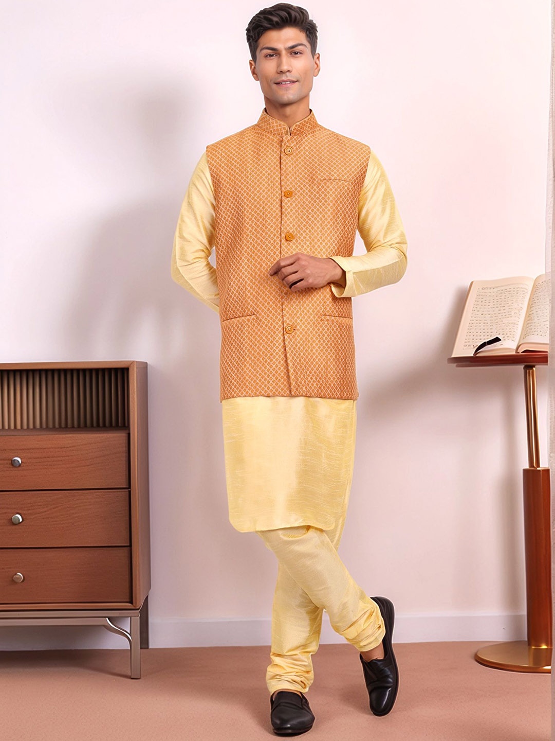 Moda Rapido Woven Design Mandarin Collar Straight Kurta With Pyjamas & Nehru Jacket, Yellow
Moda Rapido Woven Design Mandarin Collar Straight Kurta With Pyjamas & Nehru Jacket, Yellow