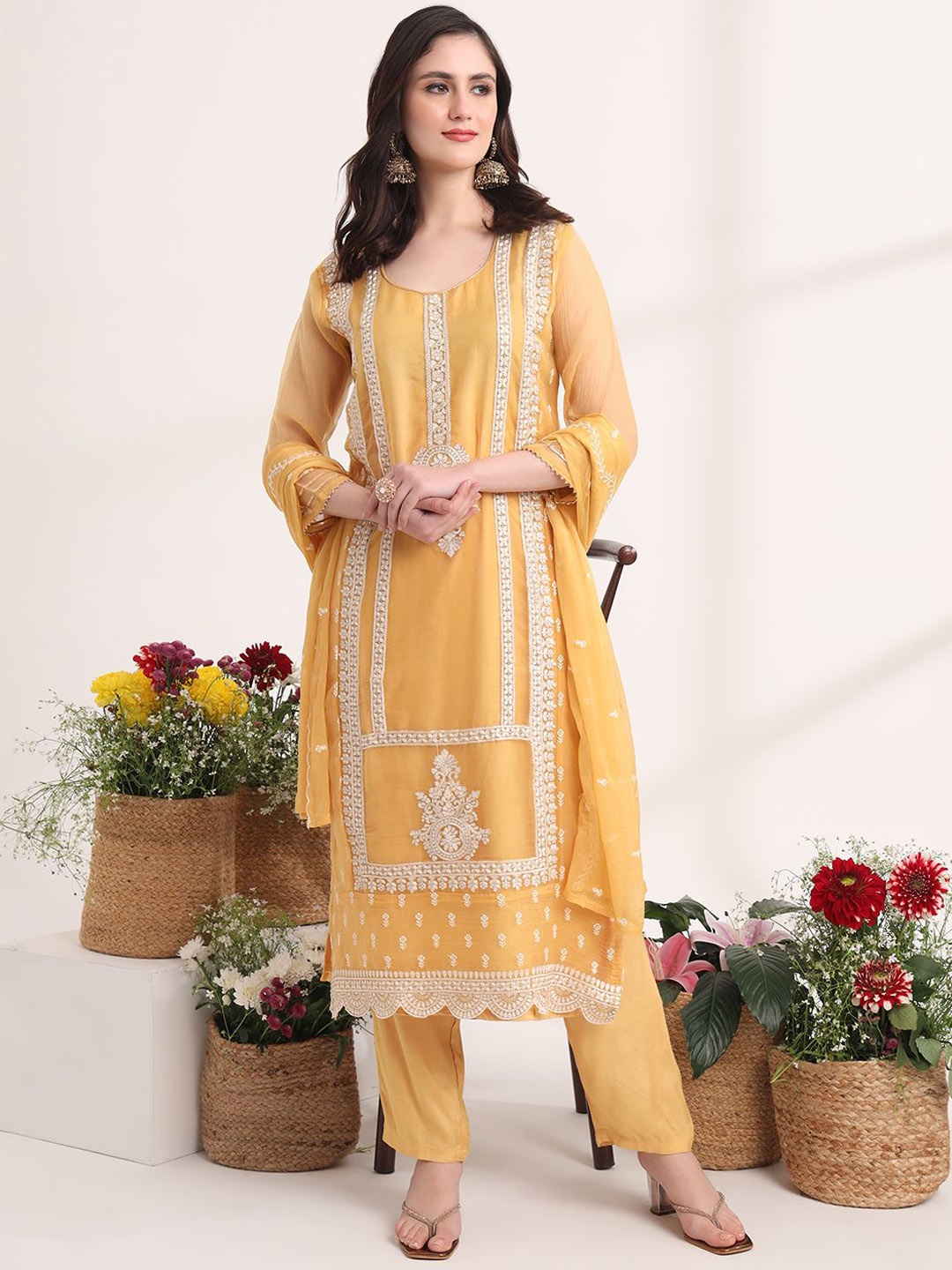 Yufta Ethnic Motifs Embroidered Thread Work Kurta with Trousers & Dupatta, Mustard
Yufta Ethnic Motifs Embroidered Thread Work Kurta with Trousers & Dupatta, Mustard