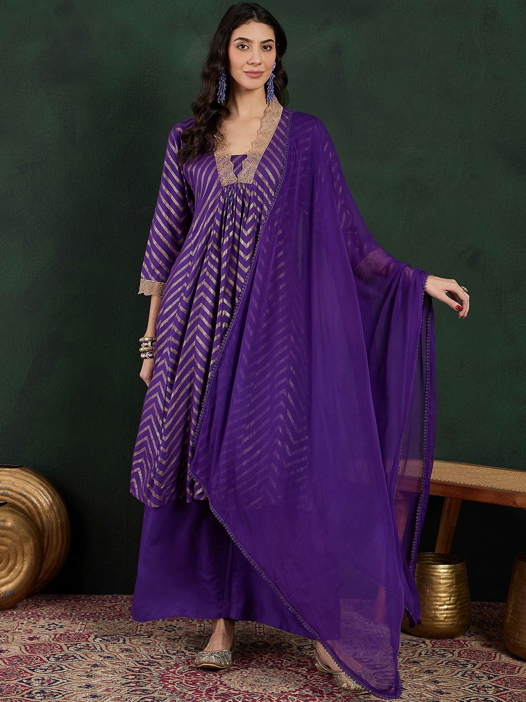 Sangria Purple Chevron Printed Thread Work V-Neck Anarkali Kurta With Palazzo And Dupatta
Sangria Purple Chevron Printed Thread Work V-Neck Anarkali Kurta With Palazzo And Dupatta