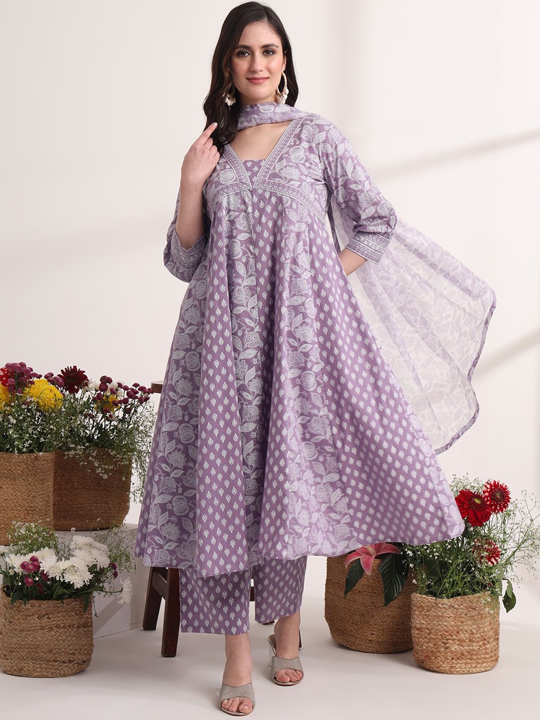 Yufta Ethnic Motifs Printed Pure Cotton Anarkali Kurta with Trouser & Dupatta, Purple
Yufta Ethnic Motifs Printed Pure Cotton Anarkali Kurta with Trouser & Dupatta, Purple