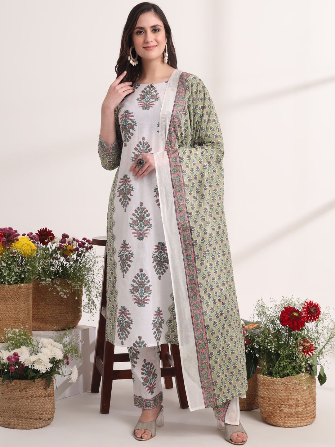 Yufta Ethnic Motifs Printed Sequinned Pure Cotton Straight Kurta with Trouser & Dupatta, Green
Yufta Ethnic Motifs Printed Sequinned Pure Cotton Straight Kurta with Trouser & Dupatta, Green