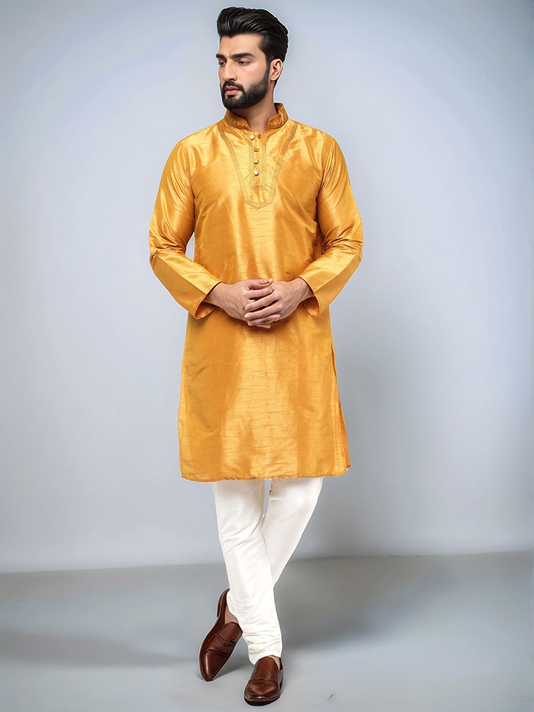 Moda Rapido Embroidered Mandarin Collar Thread Work Straight Kurta With Pyjamas, Mustard
Moda Rapido Embroidered Mandarin Collar Thread Work Straight Kurta With Pyjamas, Mustard