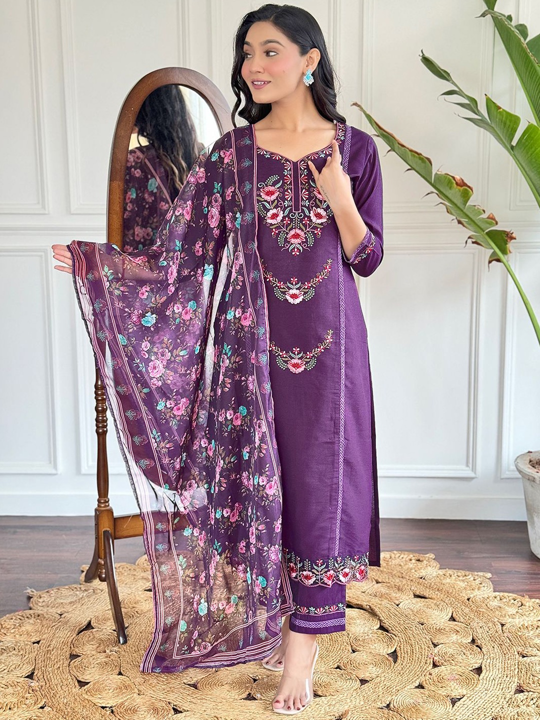 Moda Rapido Women Embroidered Regular Chanderi Cotton Kurta with Trousers & With Dupatta, Purple
Moda Rapido Women Embroidered Regular Chanderi Cotton Kurta with Trousers & With Dupatta, Purple