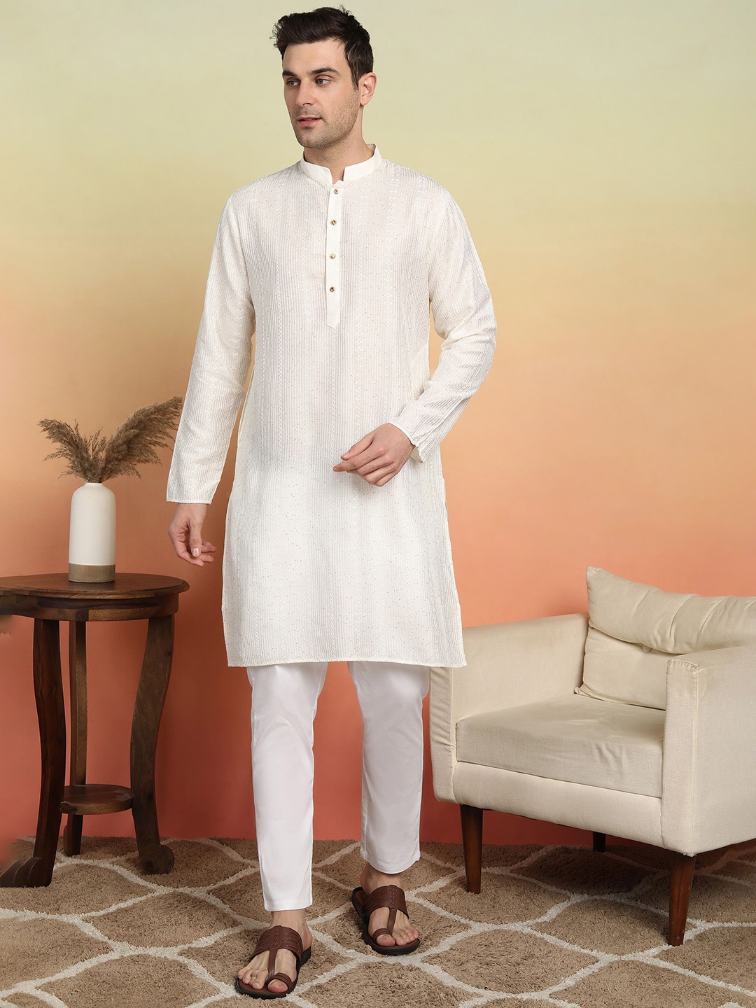 SWAGG INDIA Geometric Embroidered Mandarin Collar Sequinned Liva Straight Kurta, White
SWAGG INDIA Geometric Embroidered Mandarin Collar Sequinned Liva Straight Kurta, White