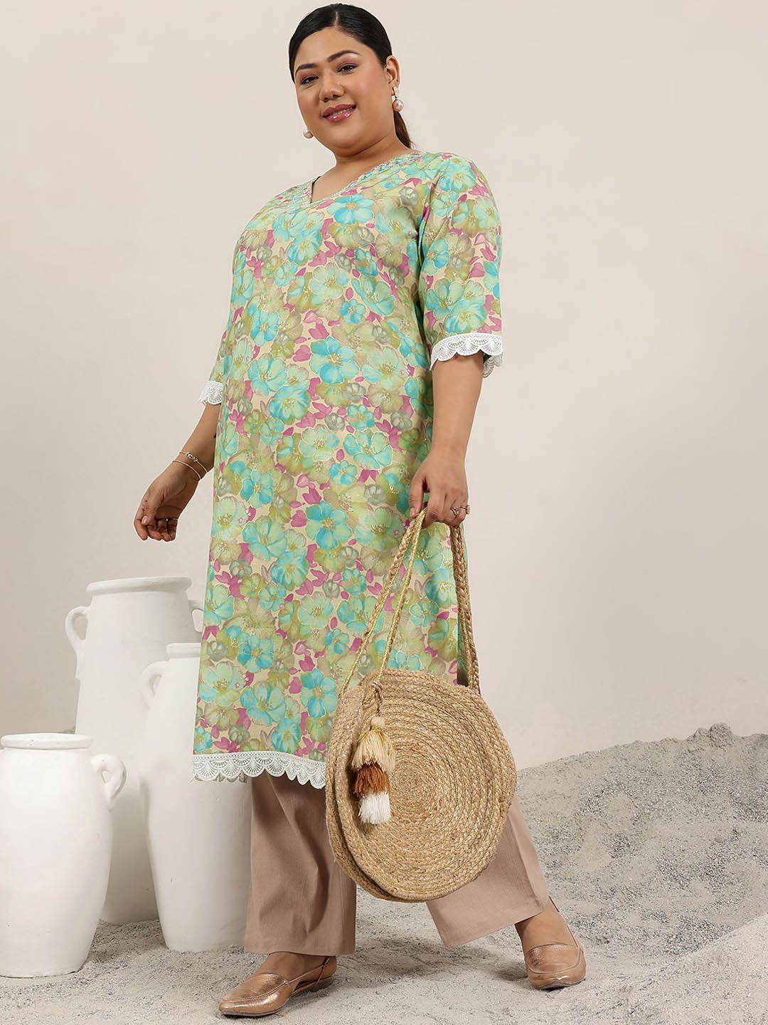 EXTRA LOVE BY LIBAS Plus Size Floral Printed V-Neck Thread Work Straight Kurta, Green
EXTRA LOVE BY LIBAS Plus Size Floral Printed V-Neck Thread Work Straight Kurta, Green